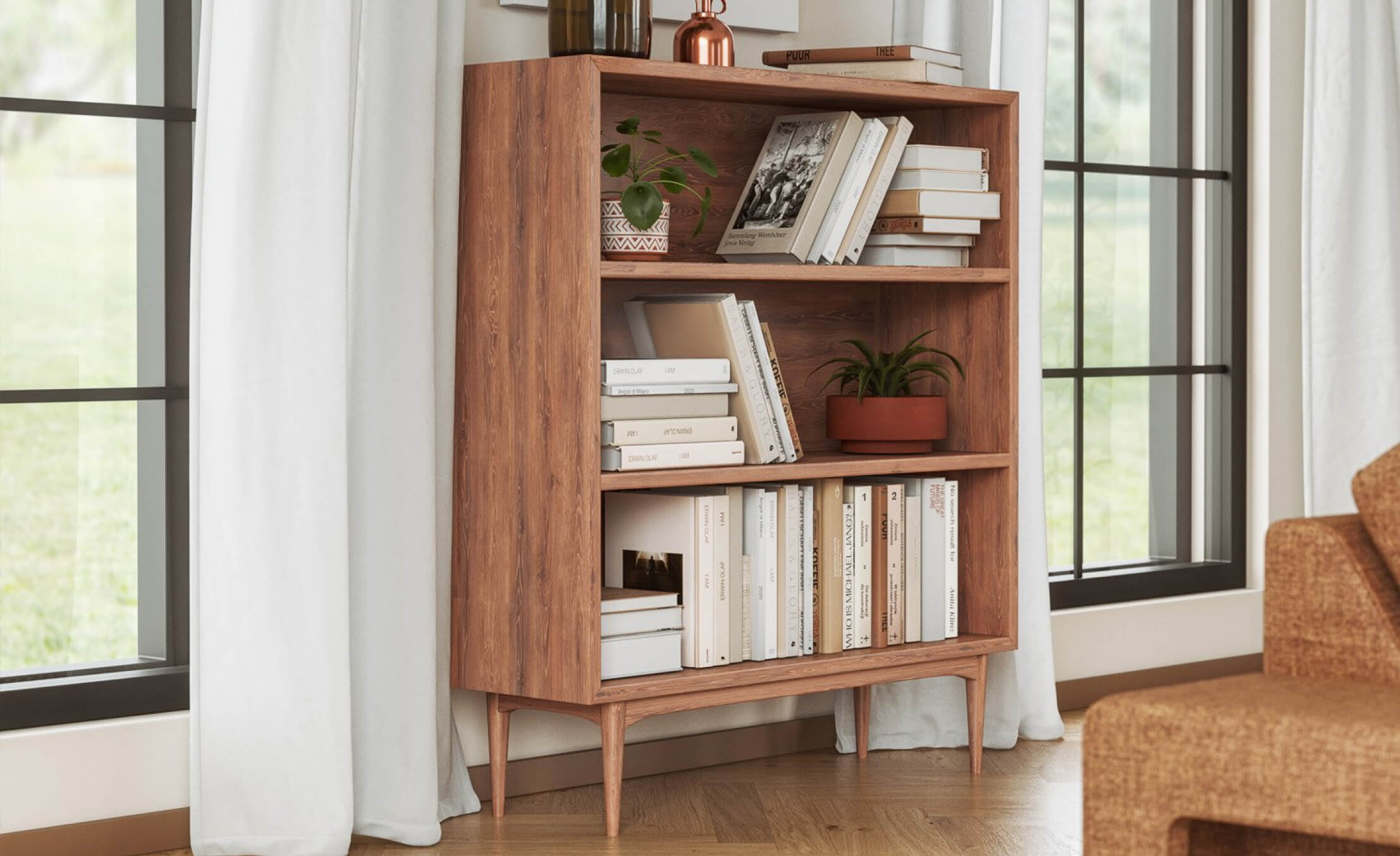 IRL: Anders Shelf in Walnut, Blumen Sectional shown in Deluxe Wood fabric