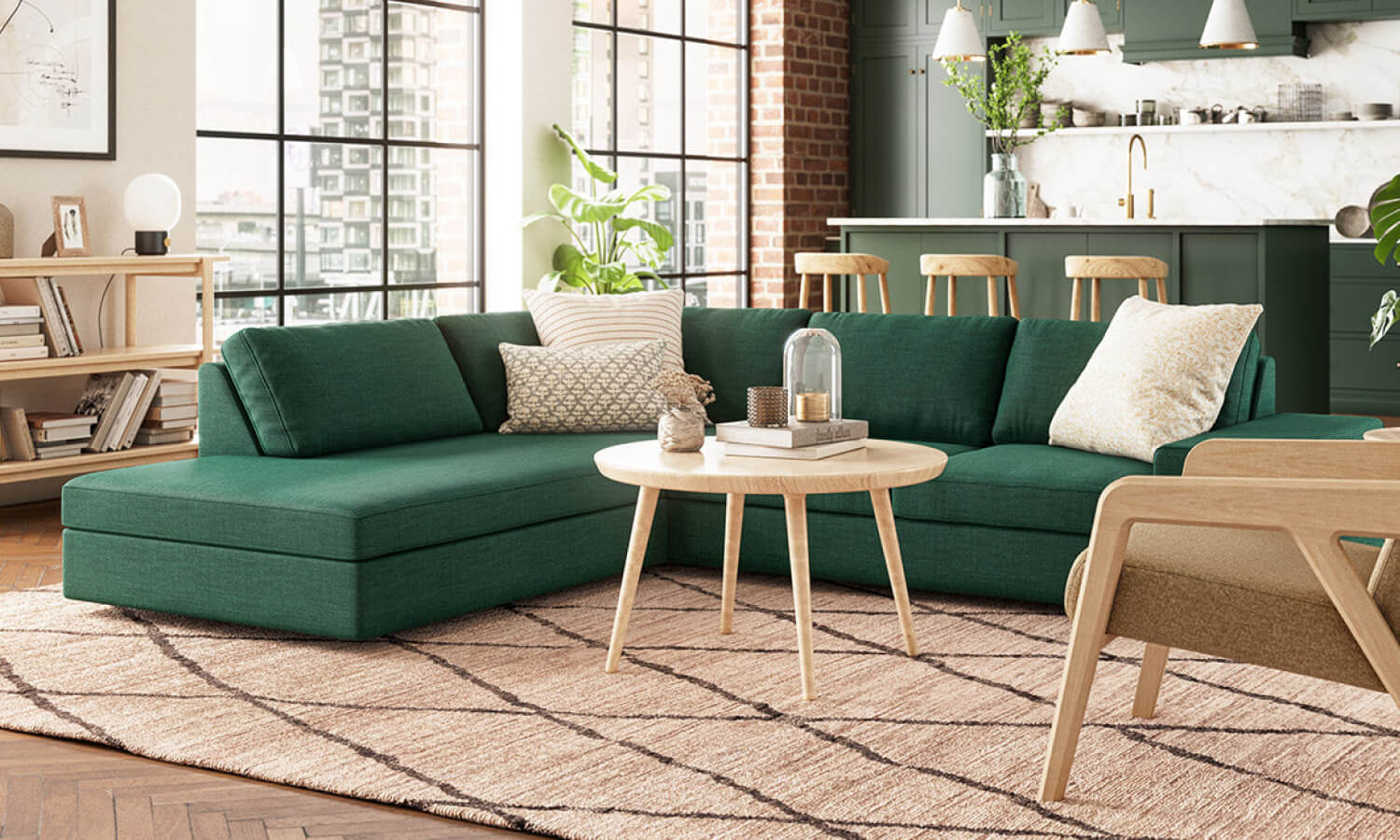 IRL: Blumen Bumper Left Sectional in Deluxe Peacock fabric, Voya Coffee Table, Iris 3-Tier Shelf, Burr Accent Chair, Lulu & Judge Throw Pillows