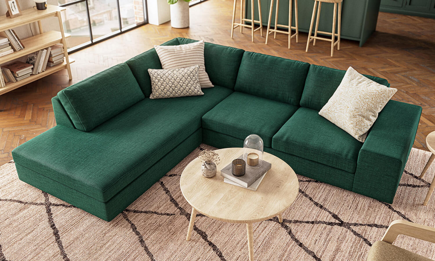 IRL: Blumen Bumper Left Sectional in Deluxe Peacock fabric, Voya Coffee Table, Iris 3-Tier Shelf, Burr Accent Chair, Lulu & Judge Throw Pillows