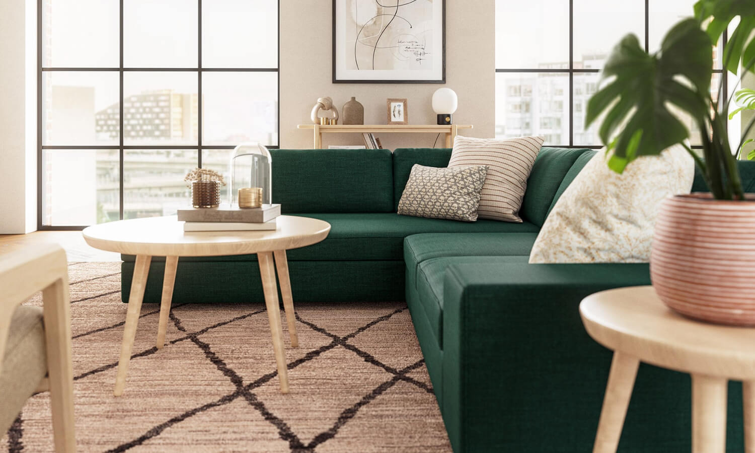 IRL: Blumen Bumper Left Sectional in Deluxe Peacock fabric, Voya Coffee Table, Iris 3-Tier Shelf, Burr Accent Chair, Lulu & Judge Throw Pillows