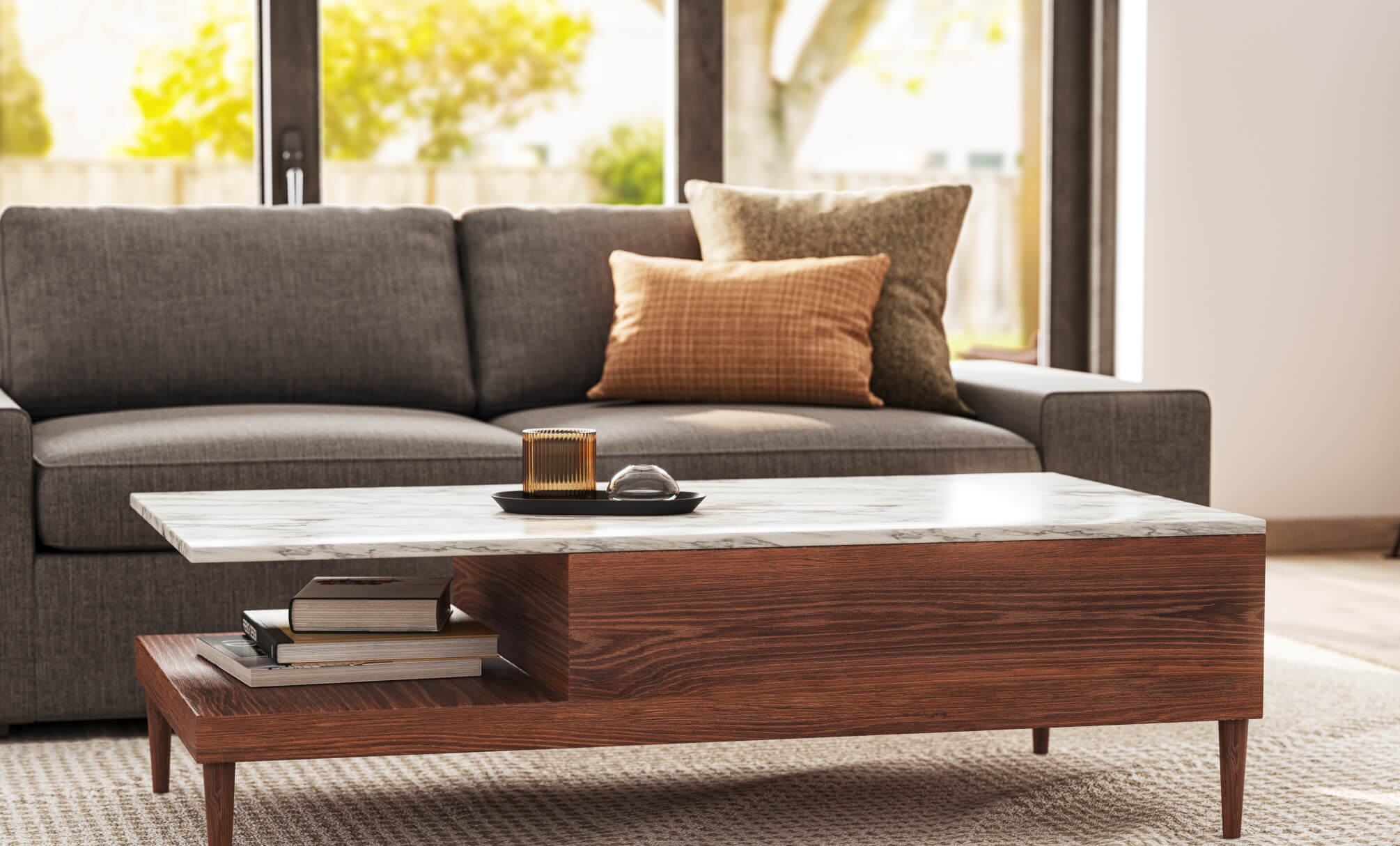 IRL: Shown in grey fabric, Voya Side Table, Sino Coffee Table, Emelia 4-Door Credenza, L