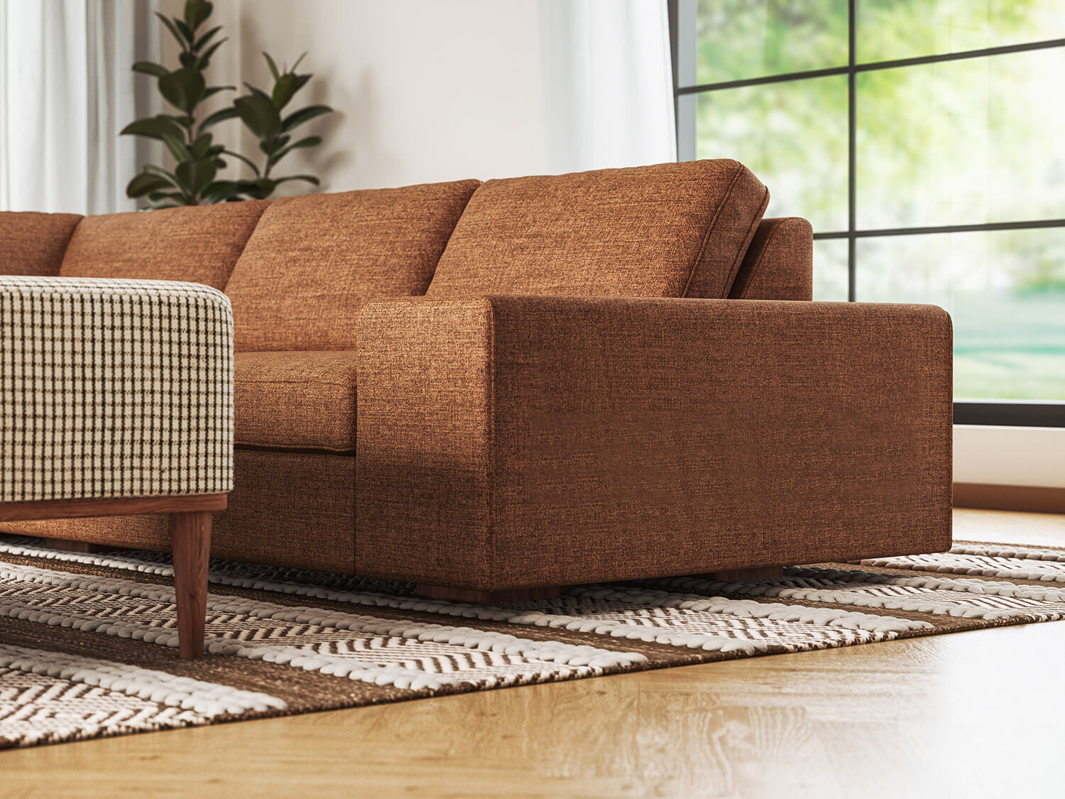 IRL: Blumen Corner Sectional in Deluxe Wood fabric, Noah Ottoman in Kala fabric, Anders Shelf in Walnut