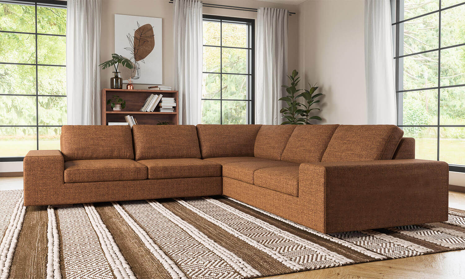 IRL: Blumen Corner Sectional in Deluxe Wood fabric, Noah Ottoman in Kala fabric, Anders Shelf in Walnut
