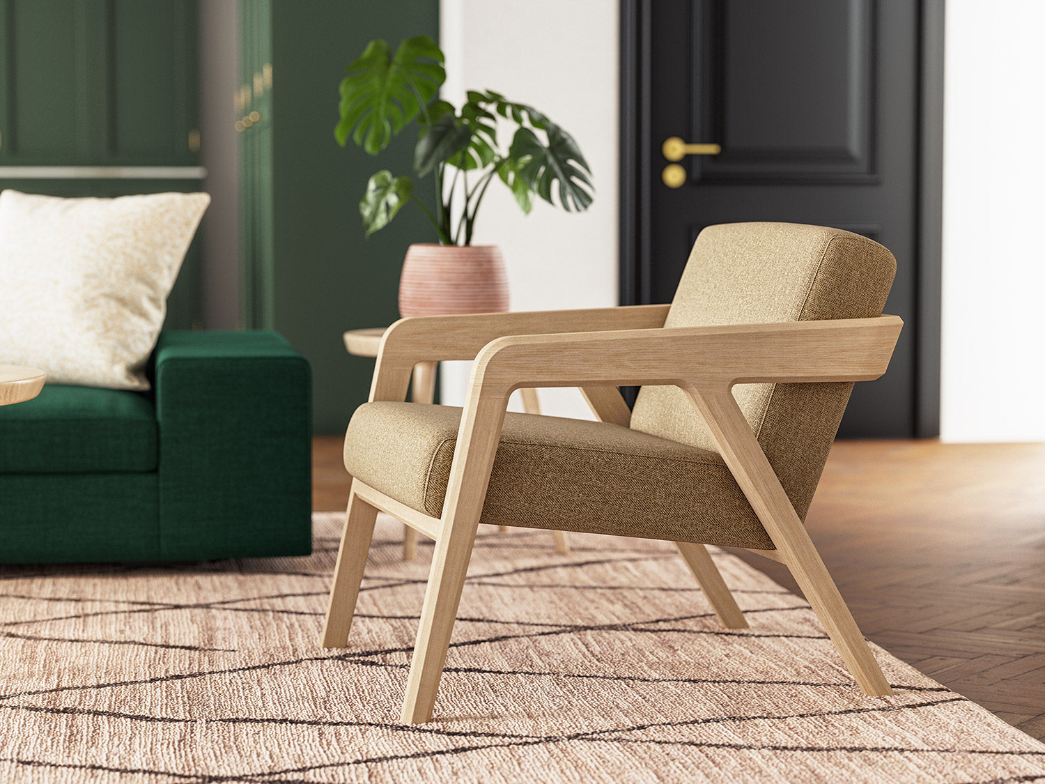 IRL: Shown in Melton Plaza fabric and Maple wood with the Blumen Bumper Sectional in Deluxe Petrol fabric