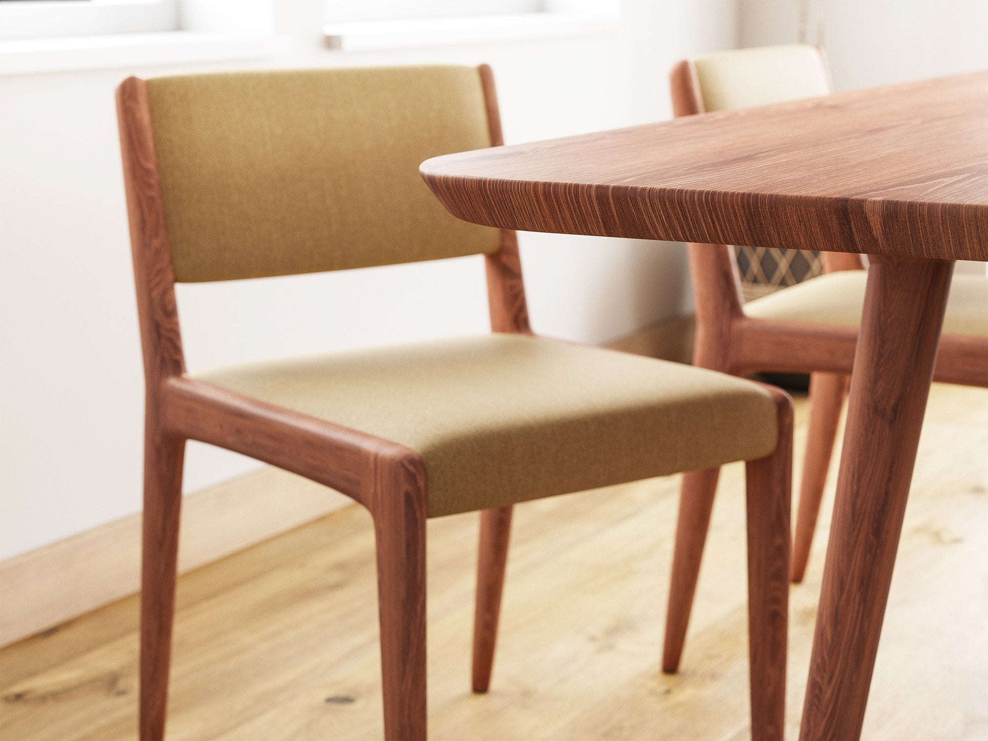 G: Low back version in walnut wood and Smart Wheat fabric with the Voya Rectangular Dining Table in walnut wood