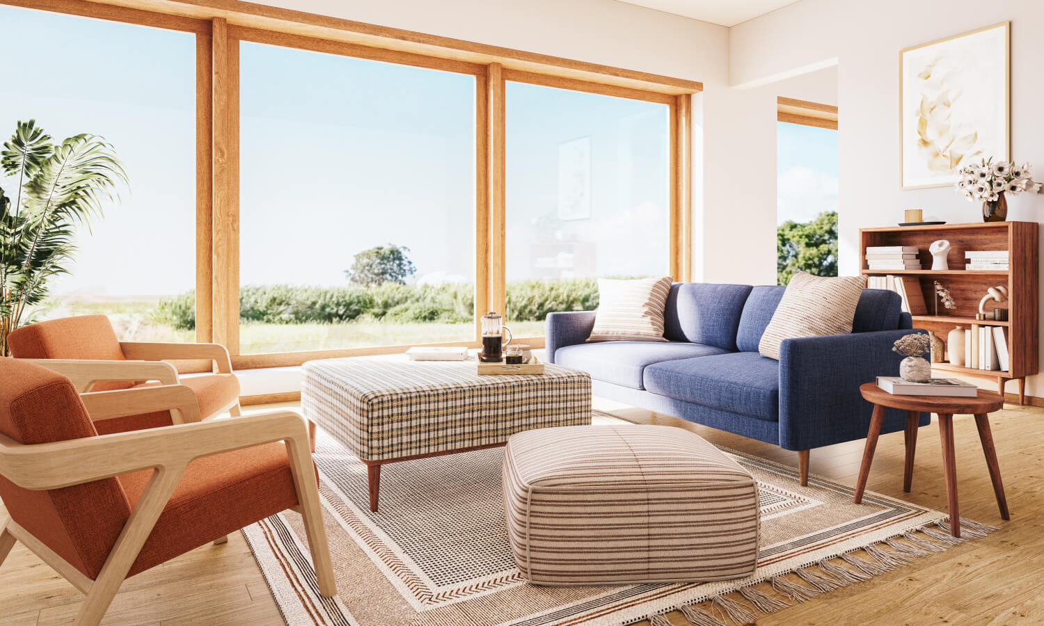 IRL: Shown in Smart Navy fabric with Voya Side Table, Burr Accent Chair in Smart Canyon fabric, Noah Ottoman in Arya, Anders Shelf, and Lulu Throw Pillows