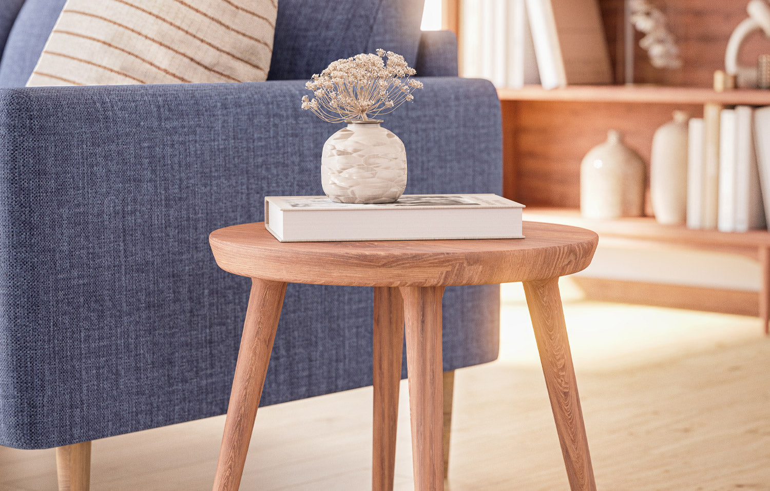 G: Voya Side Table in Walnut, Lala Sofa in Smart Navy fabric