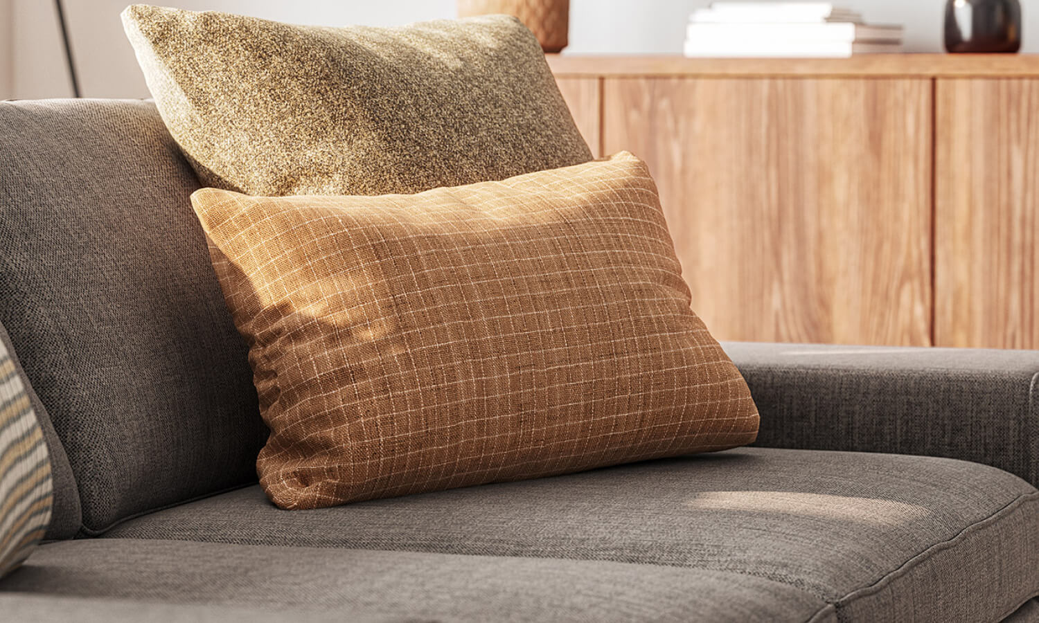 IRL: Shown in Smart Aluminum fabric, Voya Side Table, Sino Coffee Table, Emelia 4-Door Credenza, Lulu & Judge Throw Pillows
