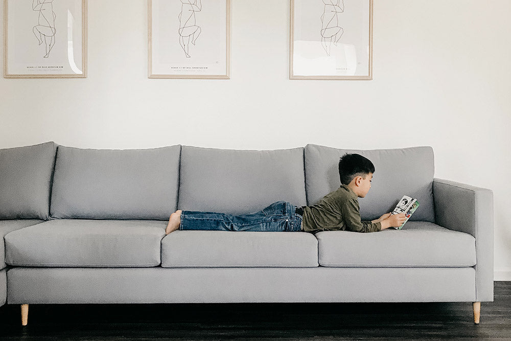 Mota 72" x 128" Chaise Left Sectional in Wawona Thunderstorm fabric and Thom Maple legs