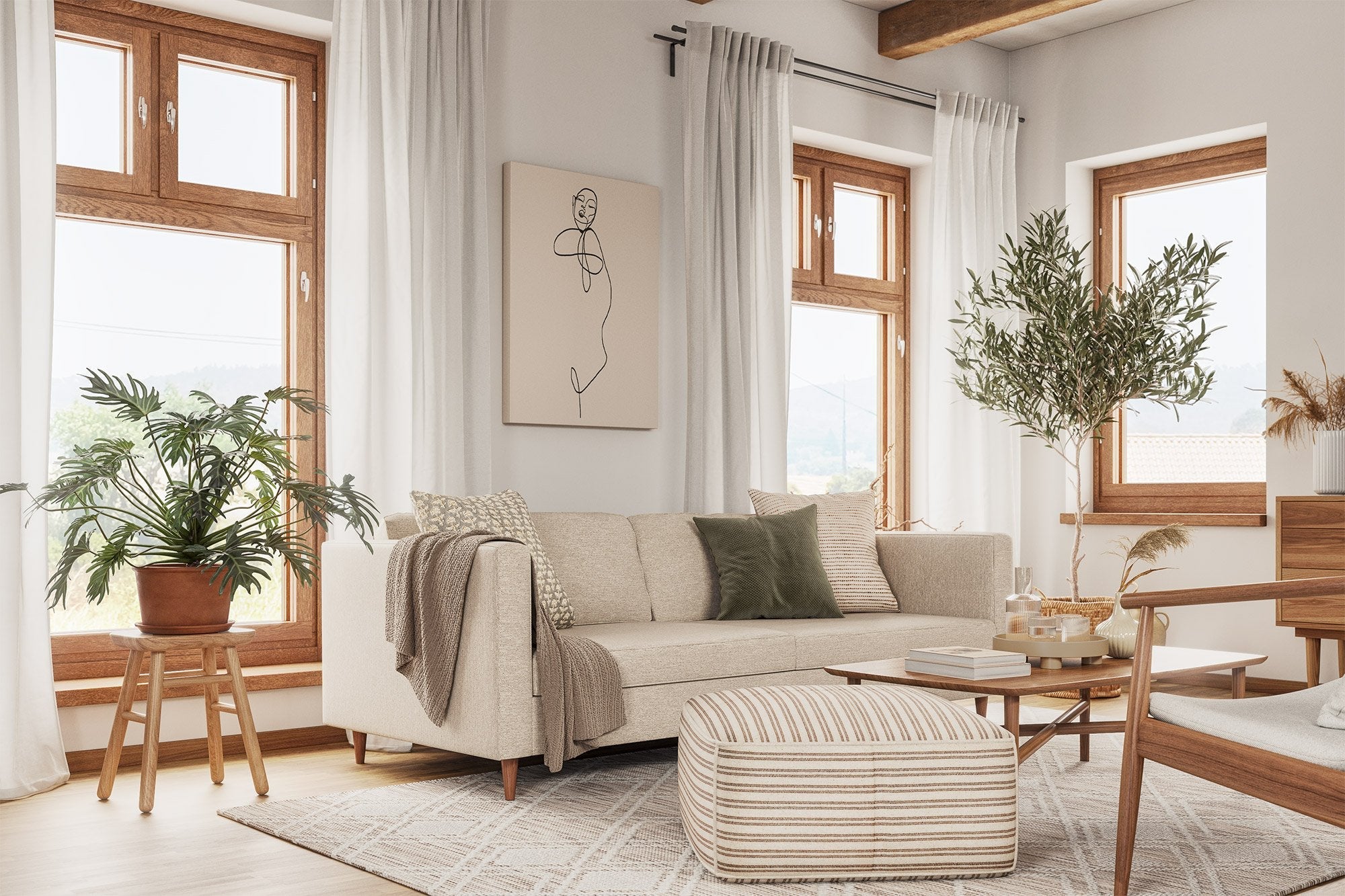 Mota Sofa in Texture Oyster, Mosh Pouf in Kasuri, Lulu Throw Pillows Phulara and Resha
