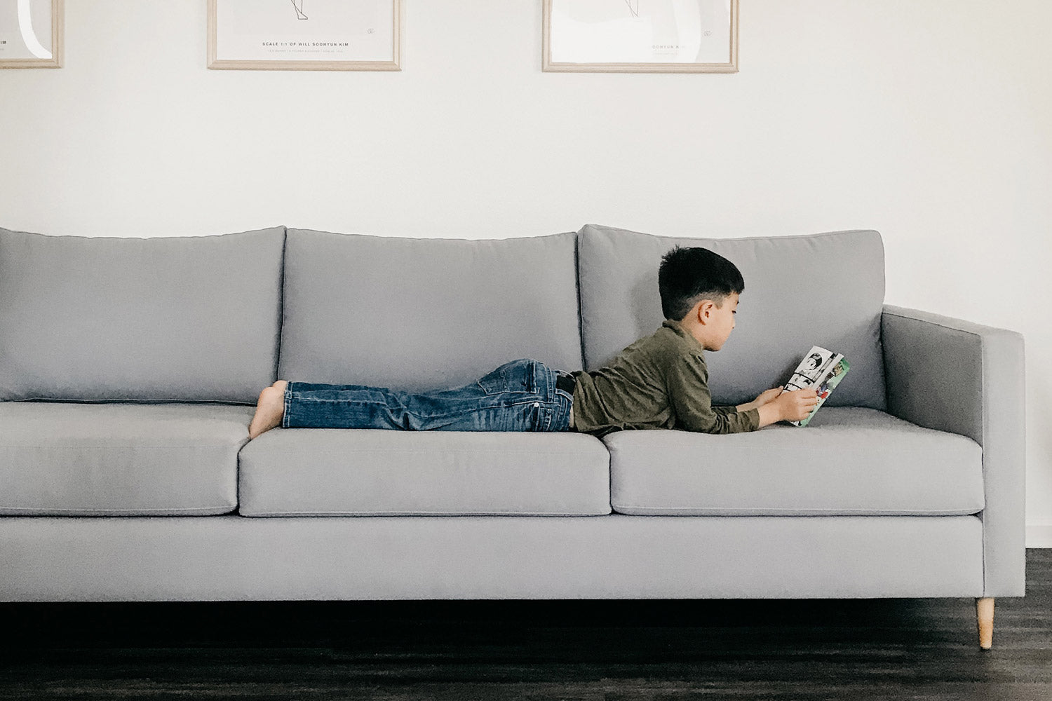 Mota 104" Sofa shown in Wawona Thunderstorm fabric and Thom Maple legs