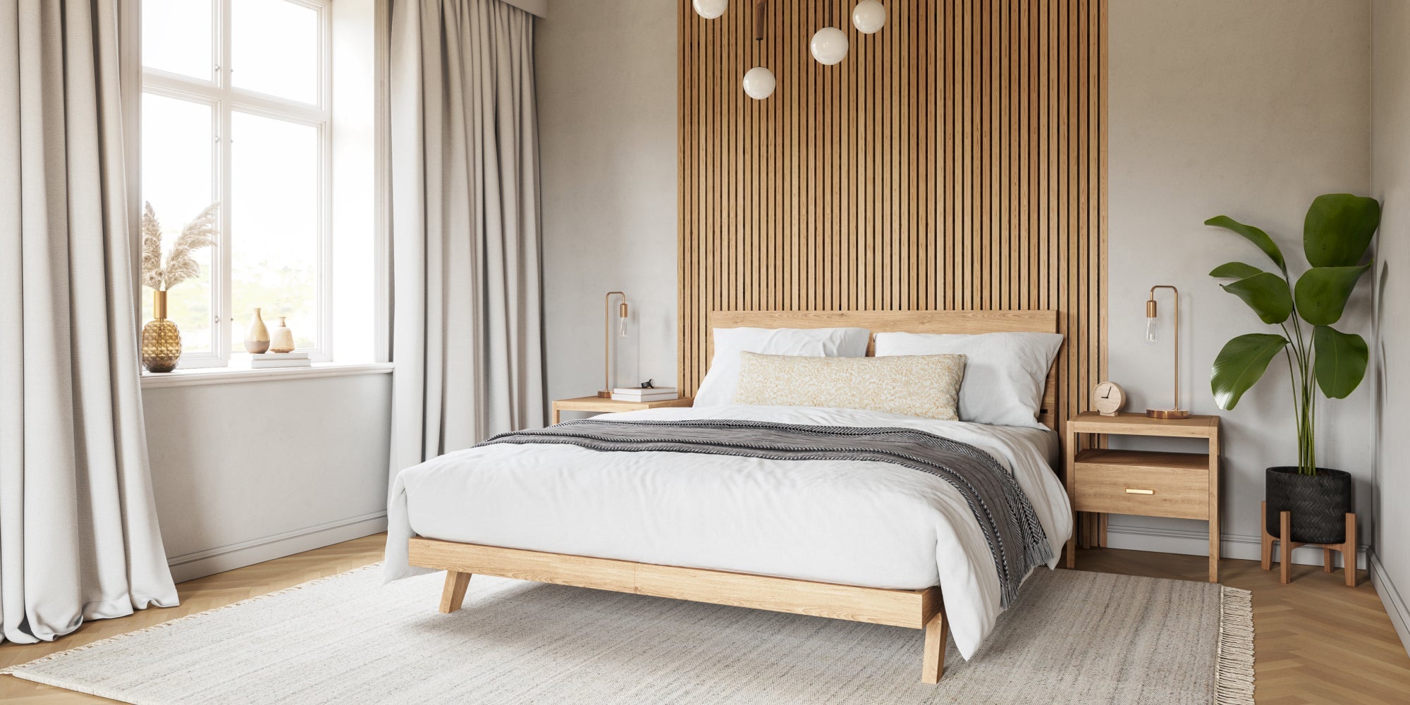Palder Bed in Maple shown with the Arlo Throw Pillow in Bahara Fabric