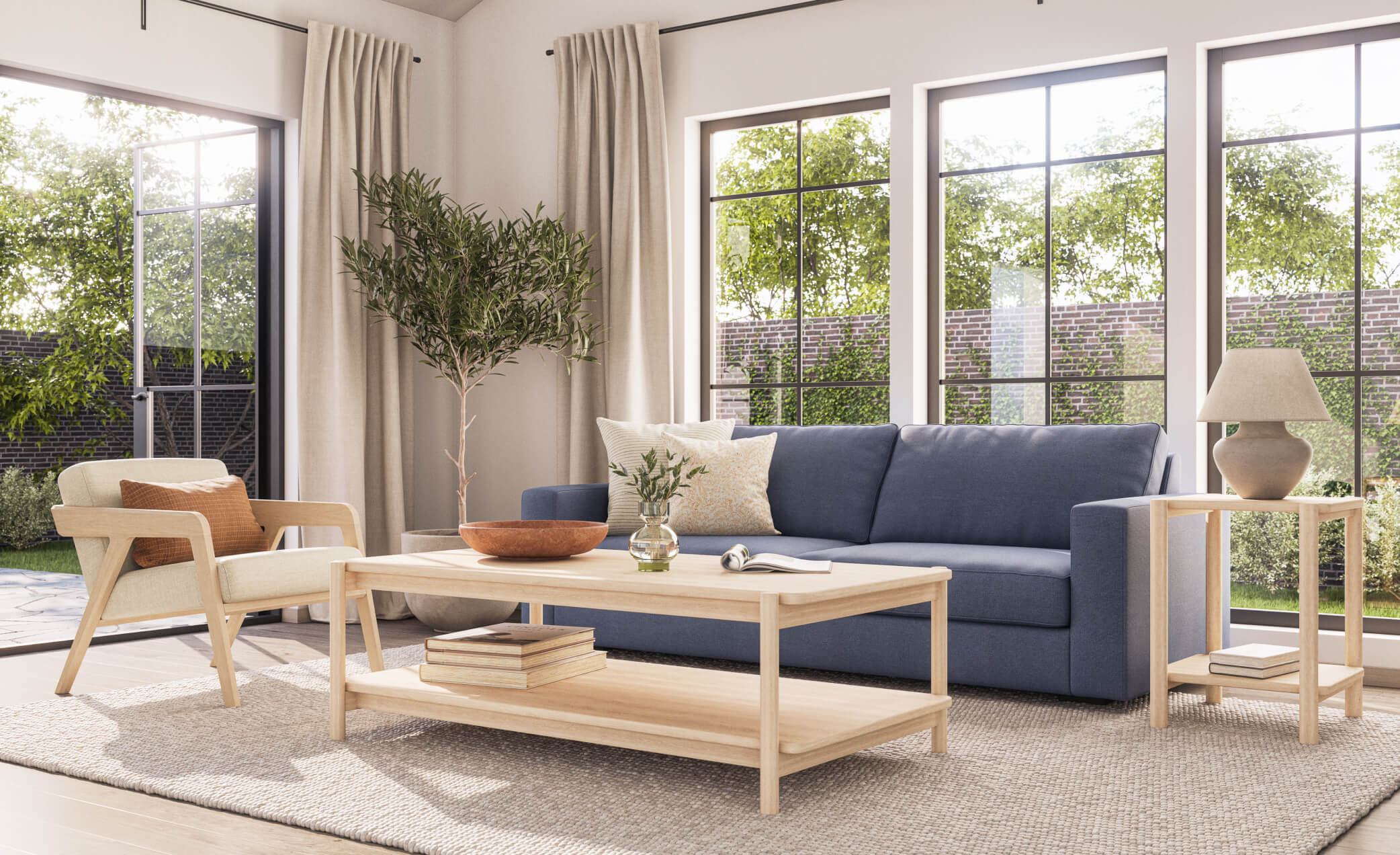 IRL: Maple Burr Chair in Deluxe Nougat fabric shown with Iris Rectangular Coffee Table in Maple with Rio Sofa in Texture French Blue fabric