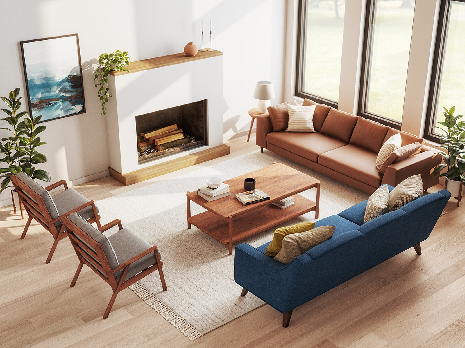 IRL: Zavis Sofa in Deluxe Petrol fabric with Iris Coffee Table, Ridge Chairs in Melton Feather fabric, Dekayess Sofa in Sundance Marigold leather