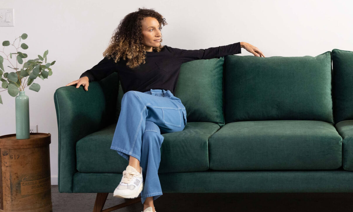 IRL: Gio Sofa in Deluxe Peacock fabric