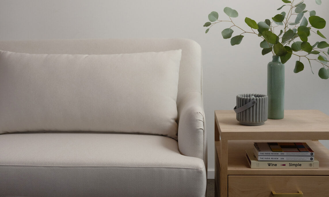 Kaydan Sofa shown in Texture Oyster fabric with Palder Side Table in Maple