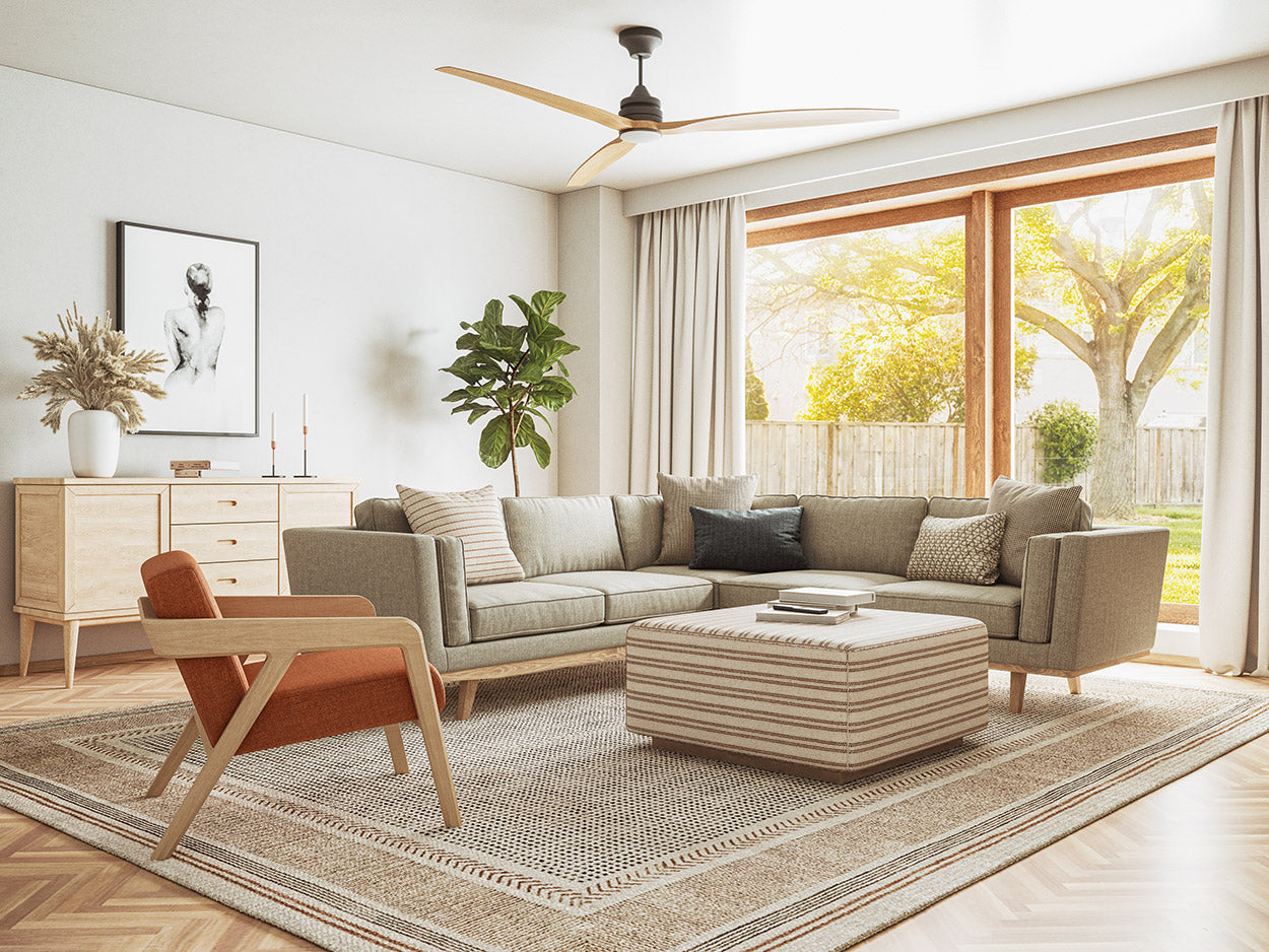 IRL: Shown in Deluxe Wood fabric with the Kirnik Corner Sectional in Smart Smoke fabric, Harrison Credenza, Harlan Ottoman in Kasuri fabric, and Lulu + Judge Throw Pillows