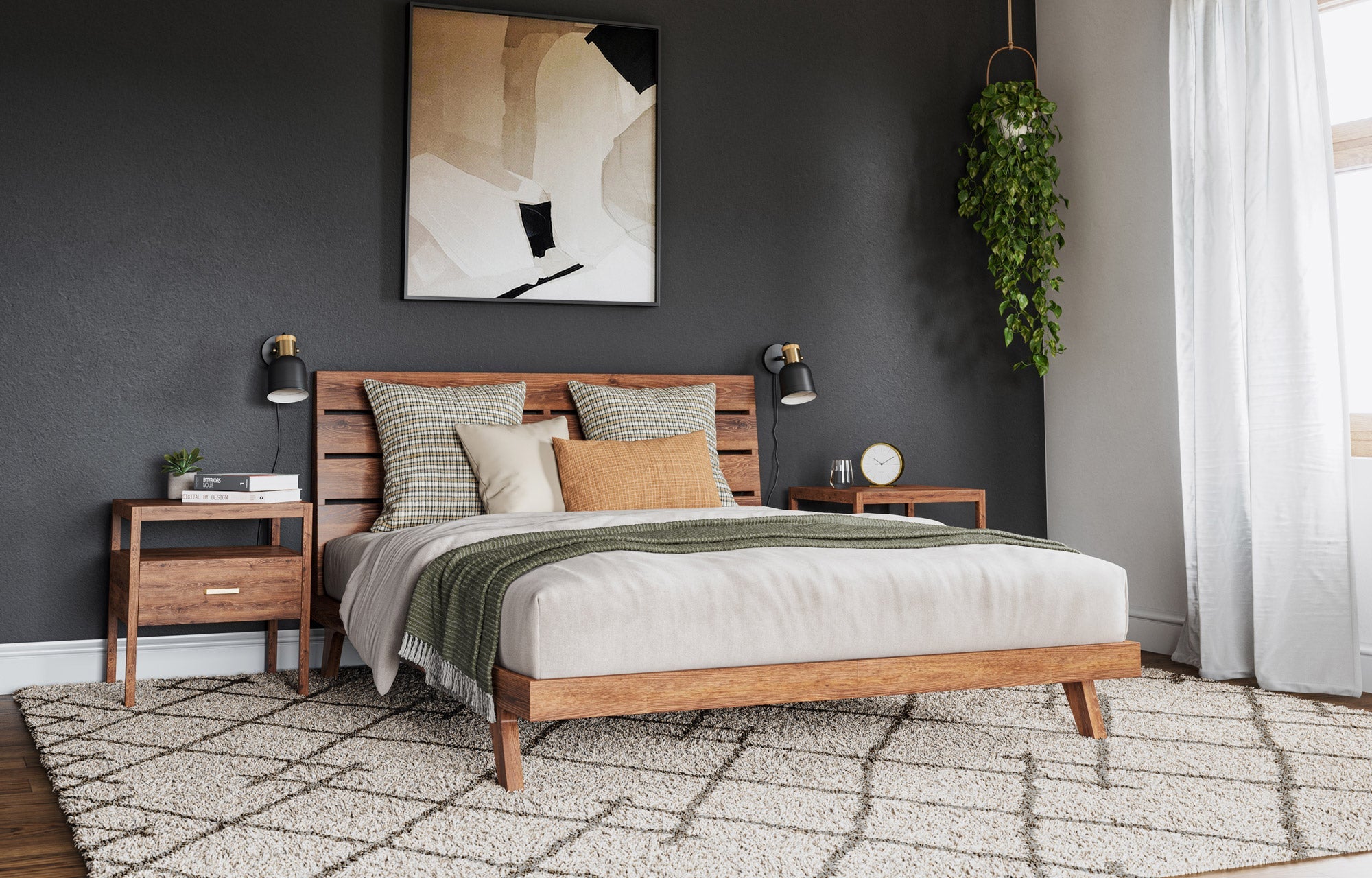 Palder Queen Bed in walnut shown with the Judge Pillow in Jodhani Fabric and Iggy Pillows in Arya Fabric