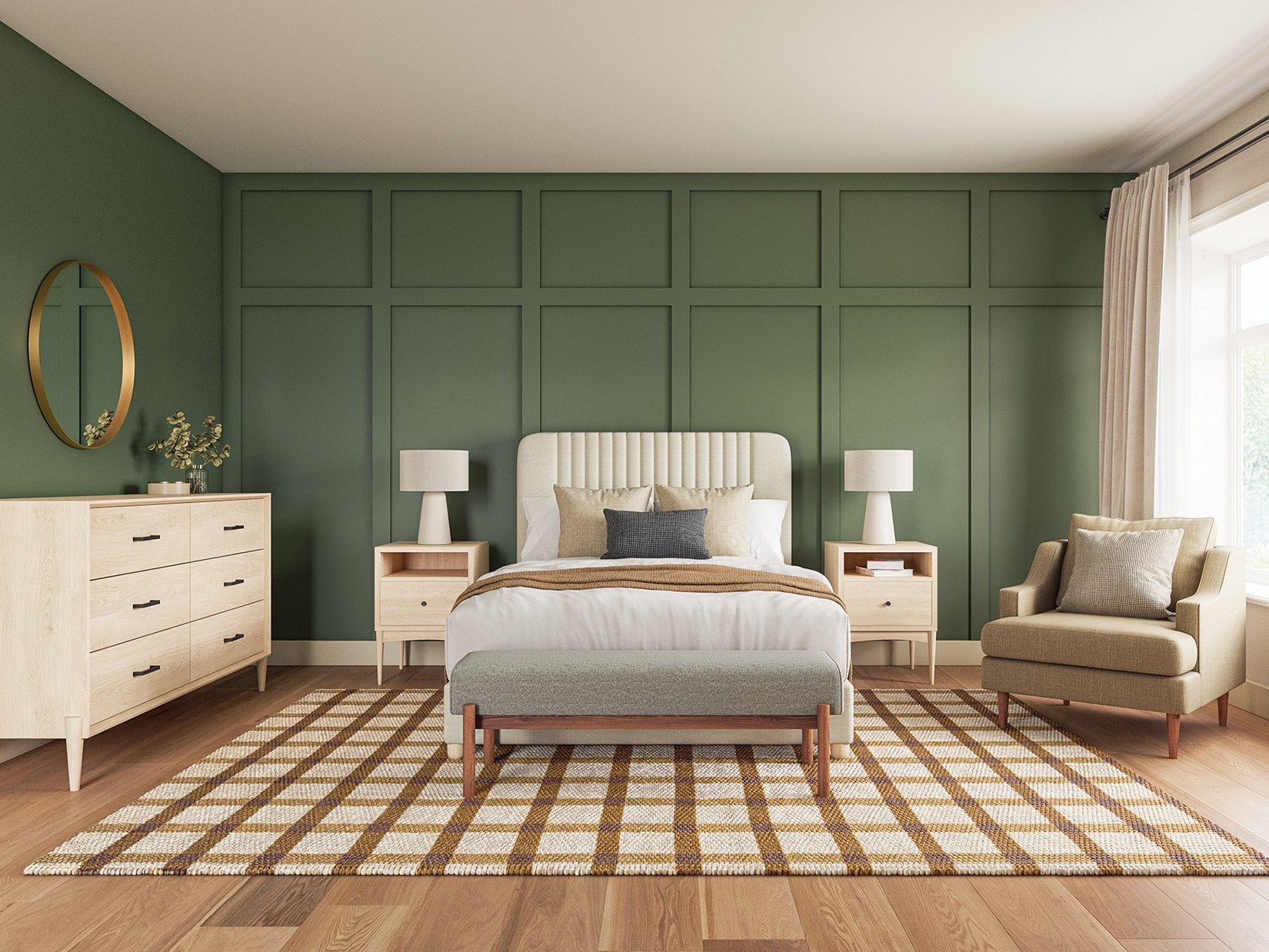 G: Shown in Melton Feather fabric with the Pippen Bed, Walt Dresser, Meera Chair, and Atten Nightstands