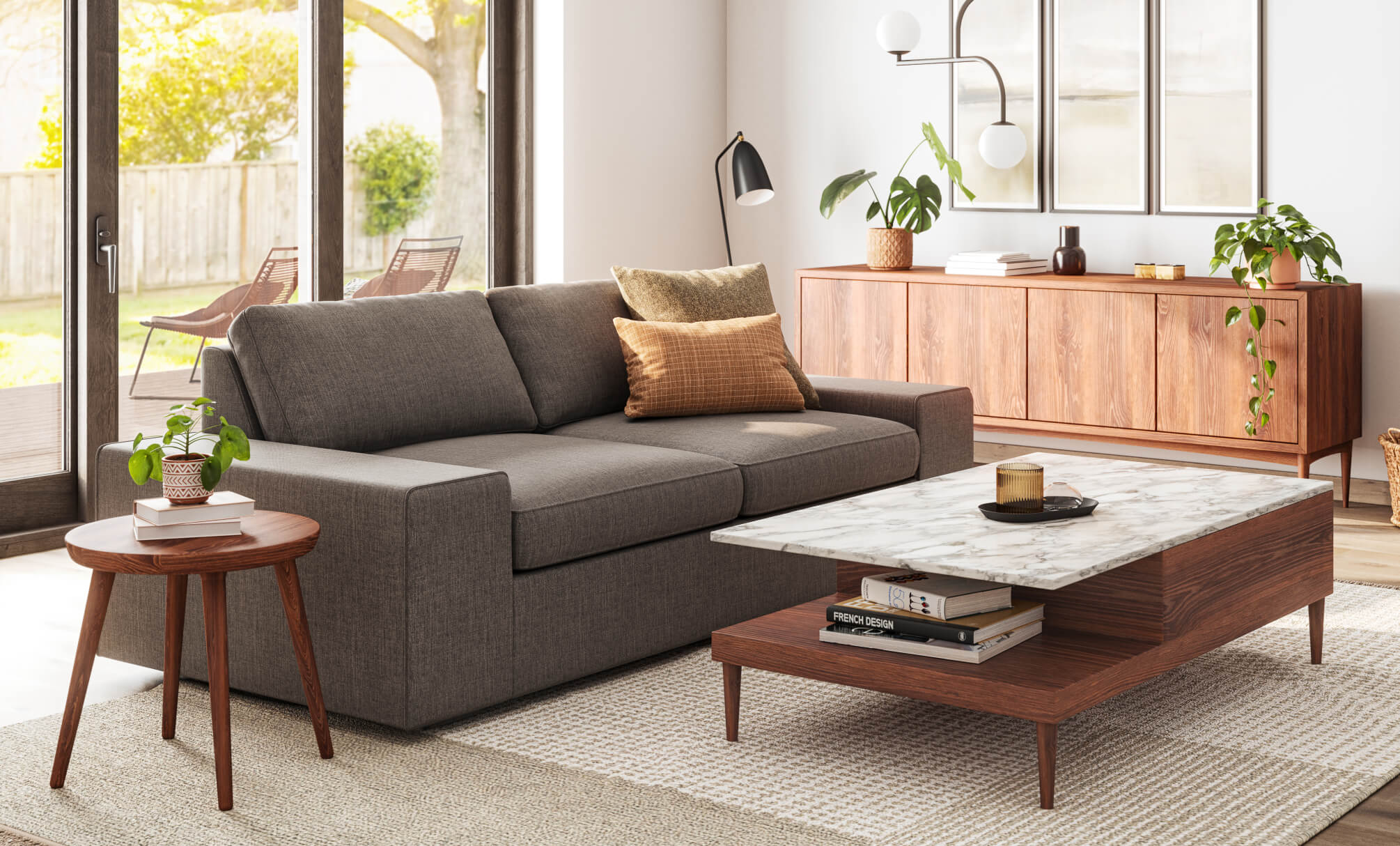IRL: Shown in grey fabric, Voya Side Table, Sino Coffee Table, Emelia 4-Door Credenza, Lulu & Judge Throw Pillows