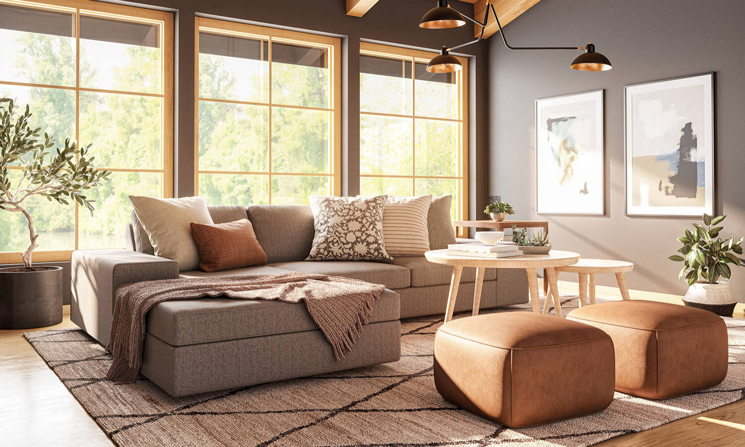 IRL: Blumen Chaise Left Sectional in Melton Feather fabric, Voya Coffee and Side Tables, Mayer Poufs in Sundance leather, and Lulu & Judge Throw Pillows