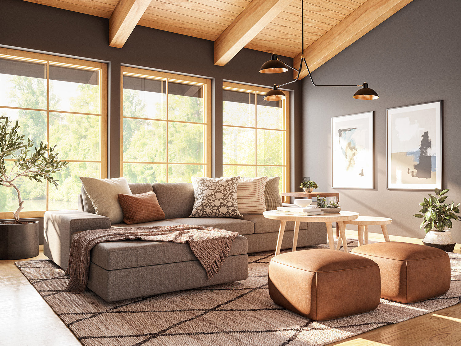 IRL: Blumen Chaise Left Sectional in Melton Feather fabric, Voya Coffee and Side Tables, Mayer Poufs in Sundance leather, and Lulu & Judge Throw Pillows