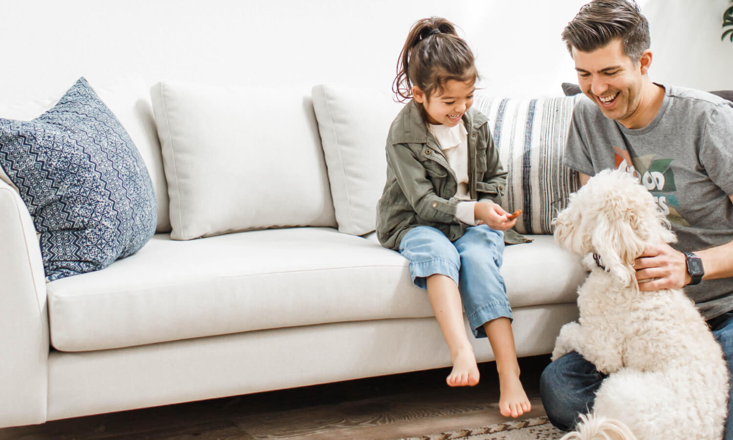 IRL: father and daughter on white dekayess sectional