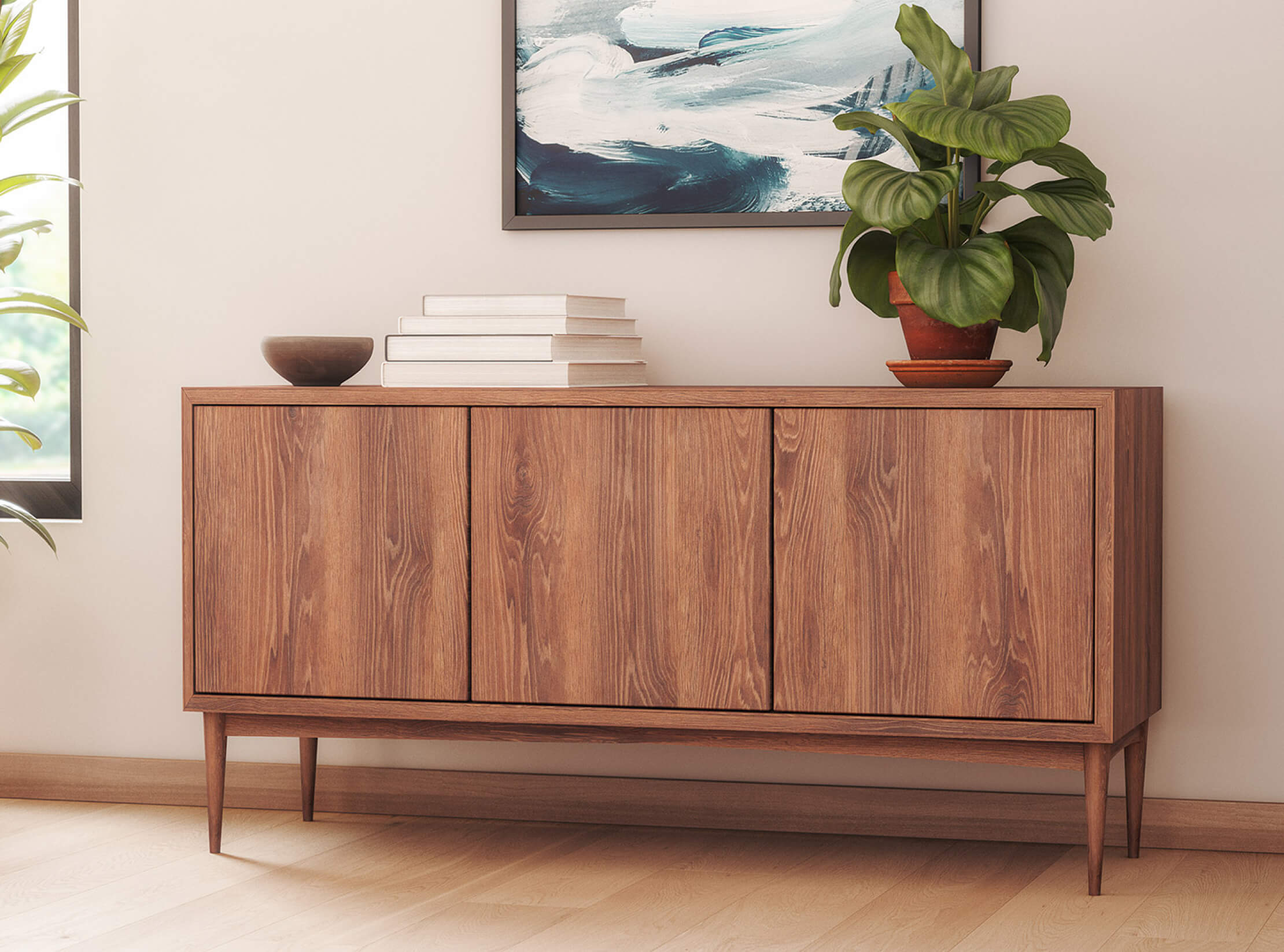 Emilia 3-Door Credenza in Walnut wood