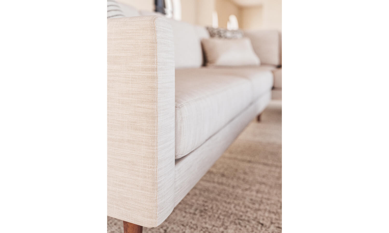 IRL: Lala Bumper 90"x110" Sectional in New Delhi Bleach fabric and Walnut Thom Leg