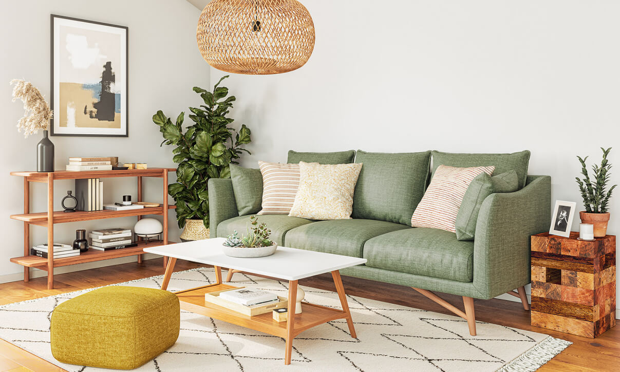 IRL: Gio Sofa in Smart Thyme fabric + Lulu Pillows in Resha, Bahara, and Kasuri + Iris Shelf in walnut + Mayer Pouf in Deluxe Amber fabric + Koper Side Table
