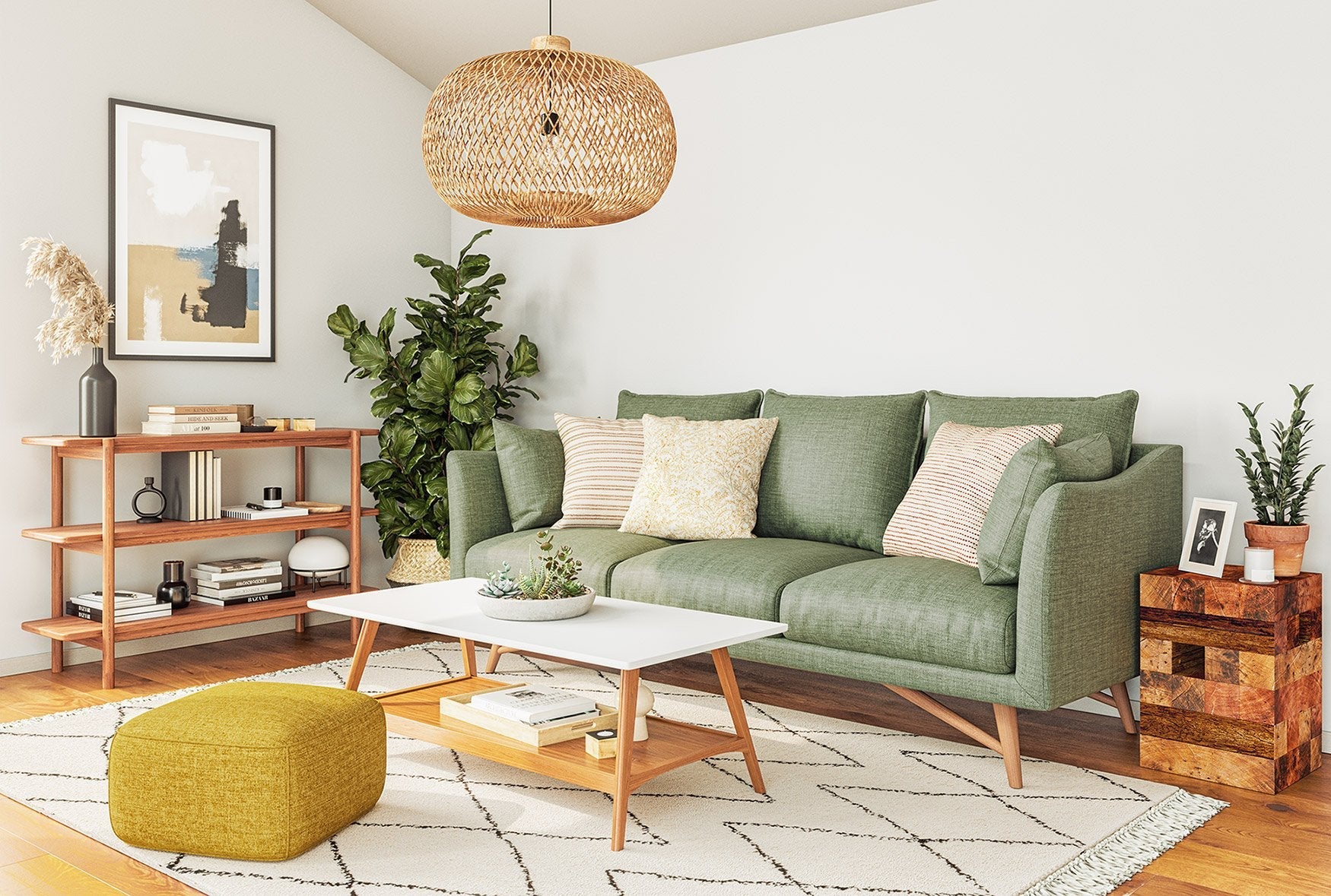 Gio Sofa in Smart Thyme fabric + Lulu Pillows in Resha, Bahara, and Kasuri + Iris Shelf in walnut + Mayer Pouf in Deluxe Amber fabric + Koper Side Table