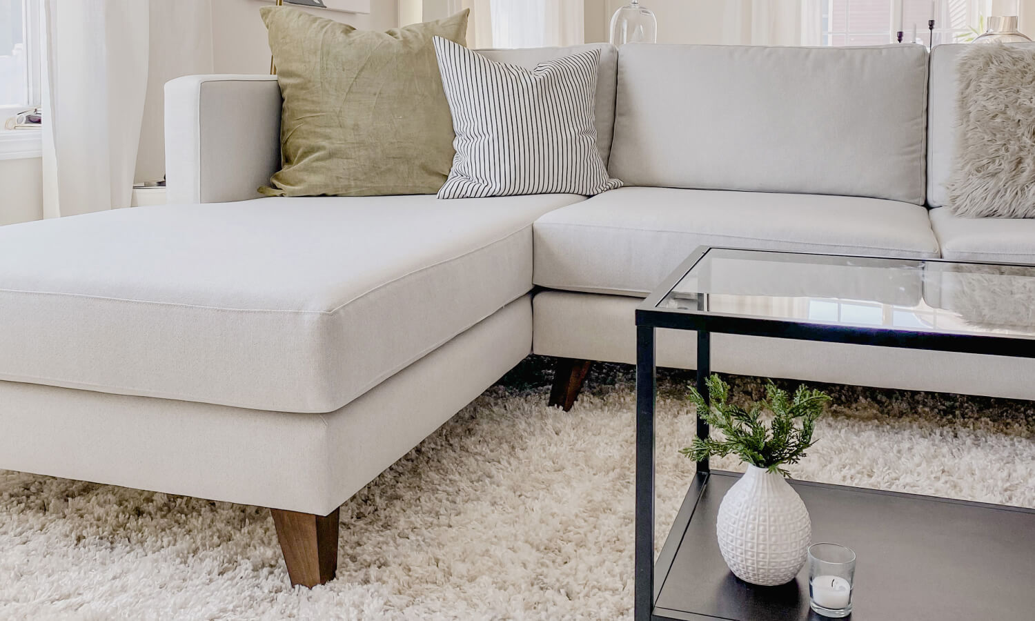 IRL: Mota Chaise Left Sectional in Texture Oyster fabric and Zavis Cafe legs