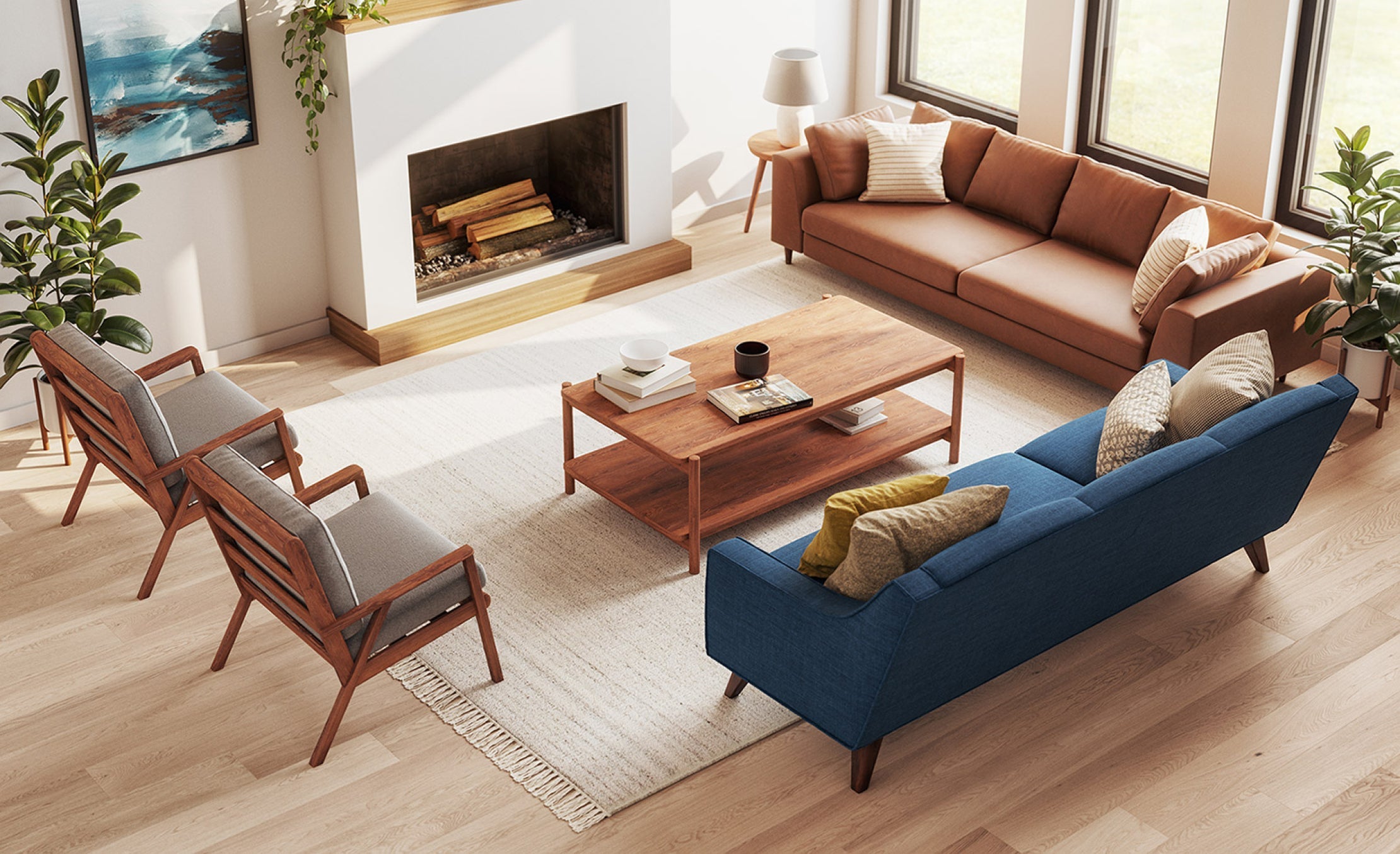 G: Iris Rectangular Coffee Table in Walnut wood, Dekayess Sofa in Sundance Marigold leather, Ridge Chairs in Melton Feather fabric, and Zavis Sofa in Melton Raven fabric