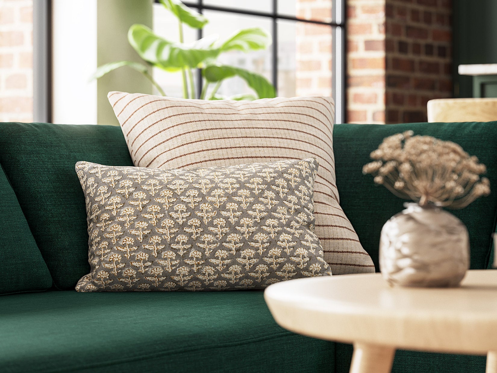 Lulu 18" Throw Pillow in Sirsi fabric with the Judge Throw Pillow in Phulara Mustard on the Blumen Sectional in Deluxe Petrol fabric