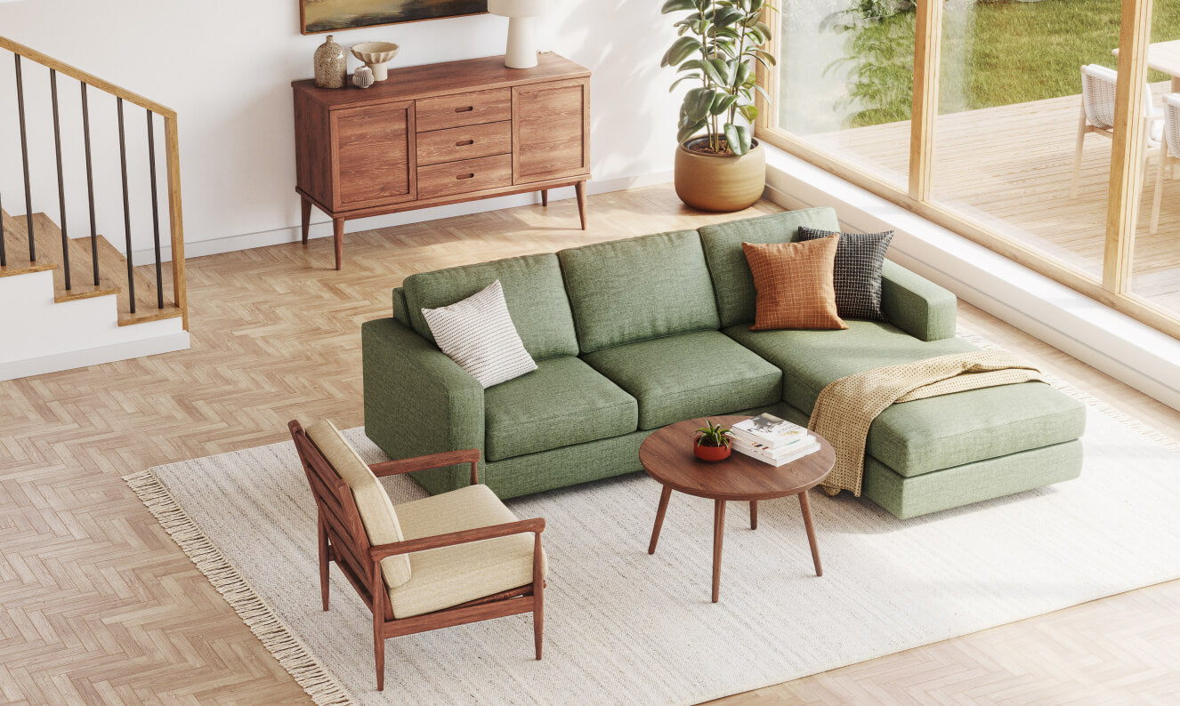 IRL: Rio Chaise Right Sectional in Deluxe Cypress fabric with Voya Coffee Table in walnut wood