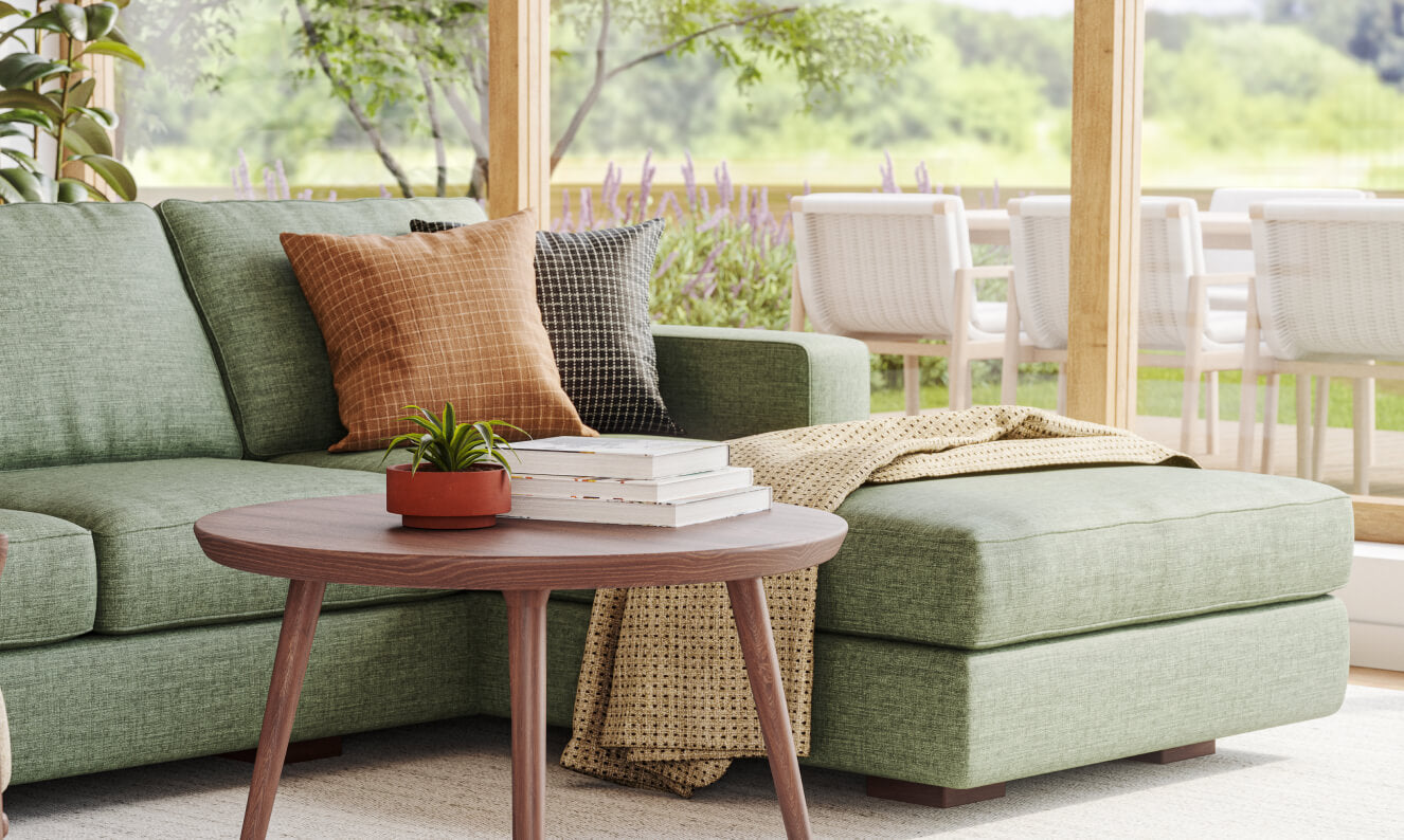 IRL: Rio Chaise Right Sectional in Deluxe Cypress fabric with the Voya Coffee Table in walnut wood 