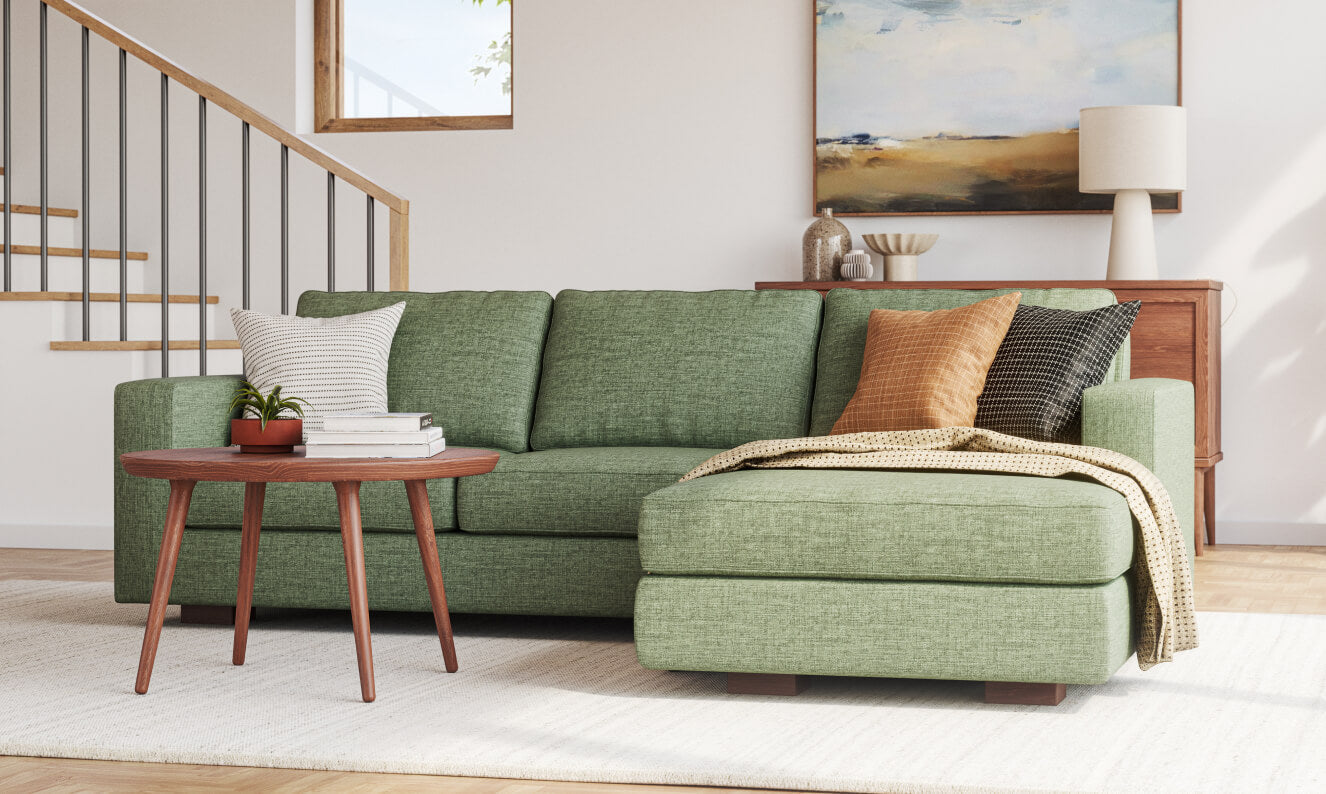 IRL: Rio Chaise Right Sectional in Deluxe Cypress fabric with Voya Coffee Table in walnut wood