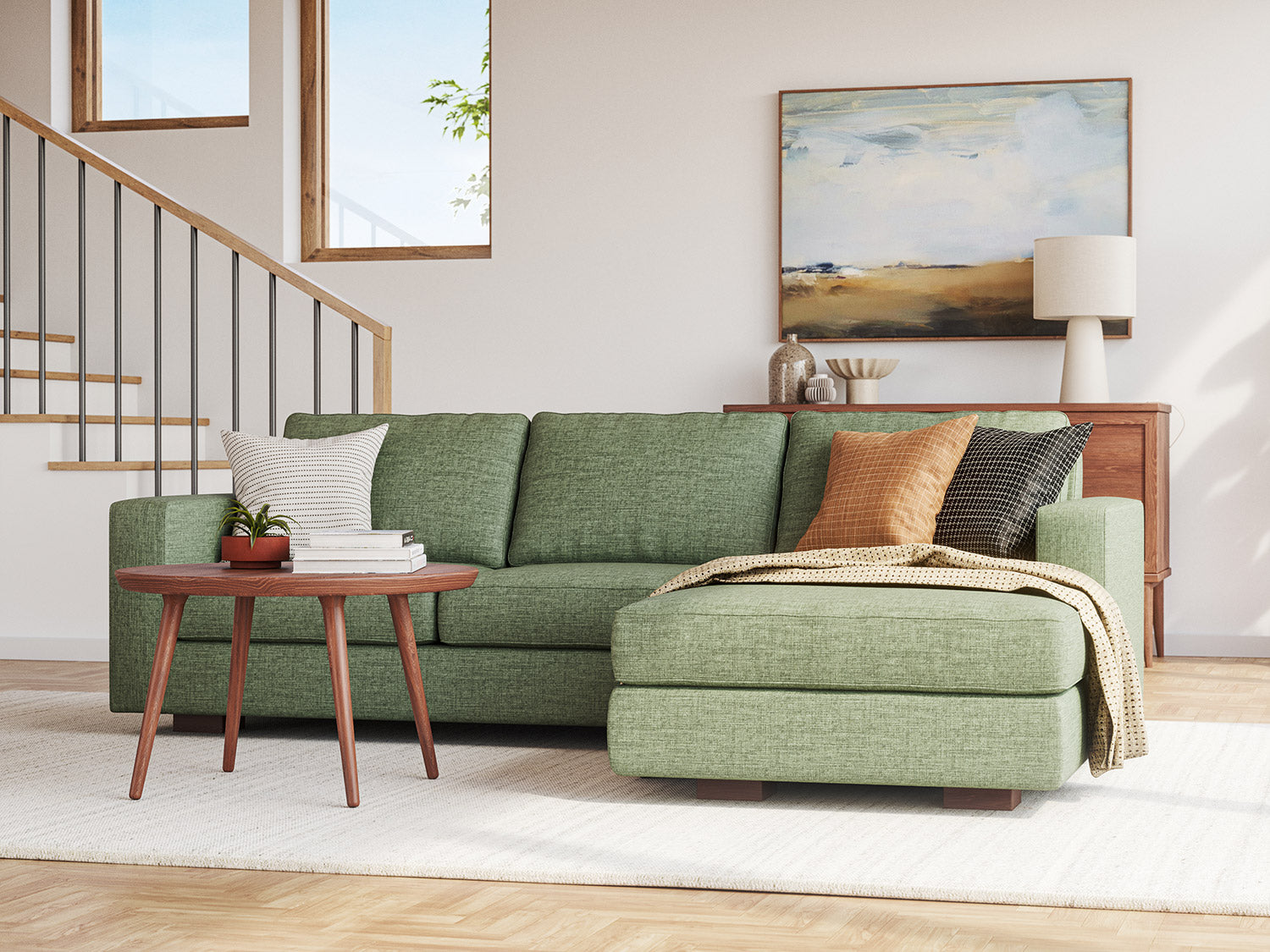 IRL: Rio Chaise Right Sectional in Deluxe Cypress fabric with Voya Coffee Table in walnut wood