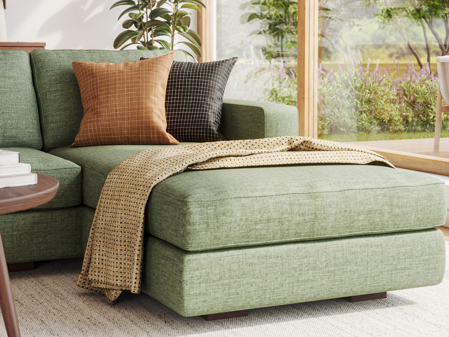 IRL: Rio Chaise Right Sectional in Deluxe Cypress fabric with the Lulu Throw Pillows