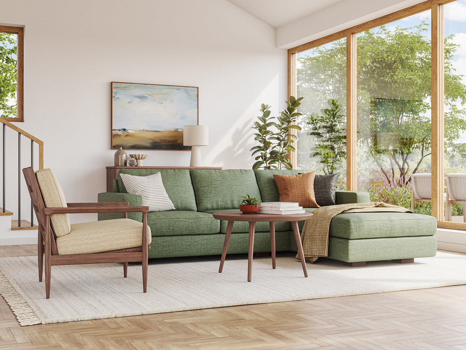 IRL: Rio Chaise Right Sectional in Deluxe Cypress fabric with Voya Coffee Table in walnut wood