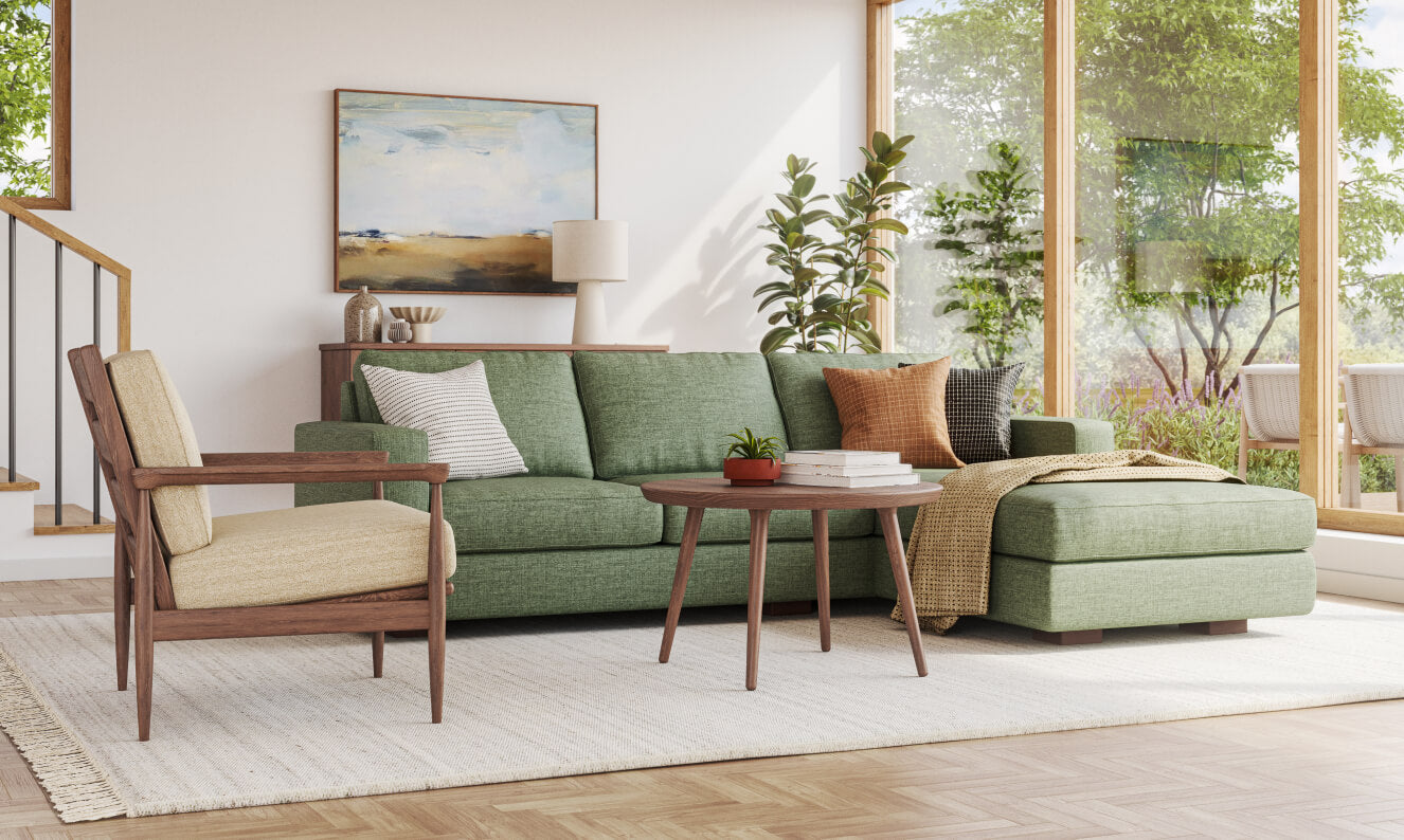 IRL: Rio Chaise Right Sectional in Deluxe Cypress fabric with Voya Coffee Table in walnut wood