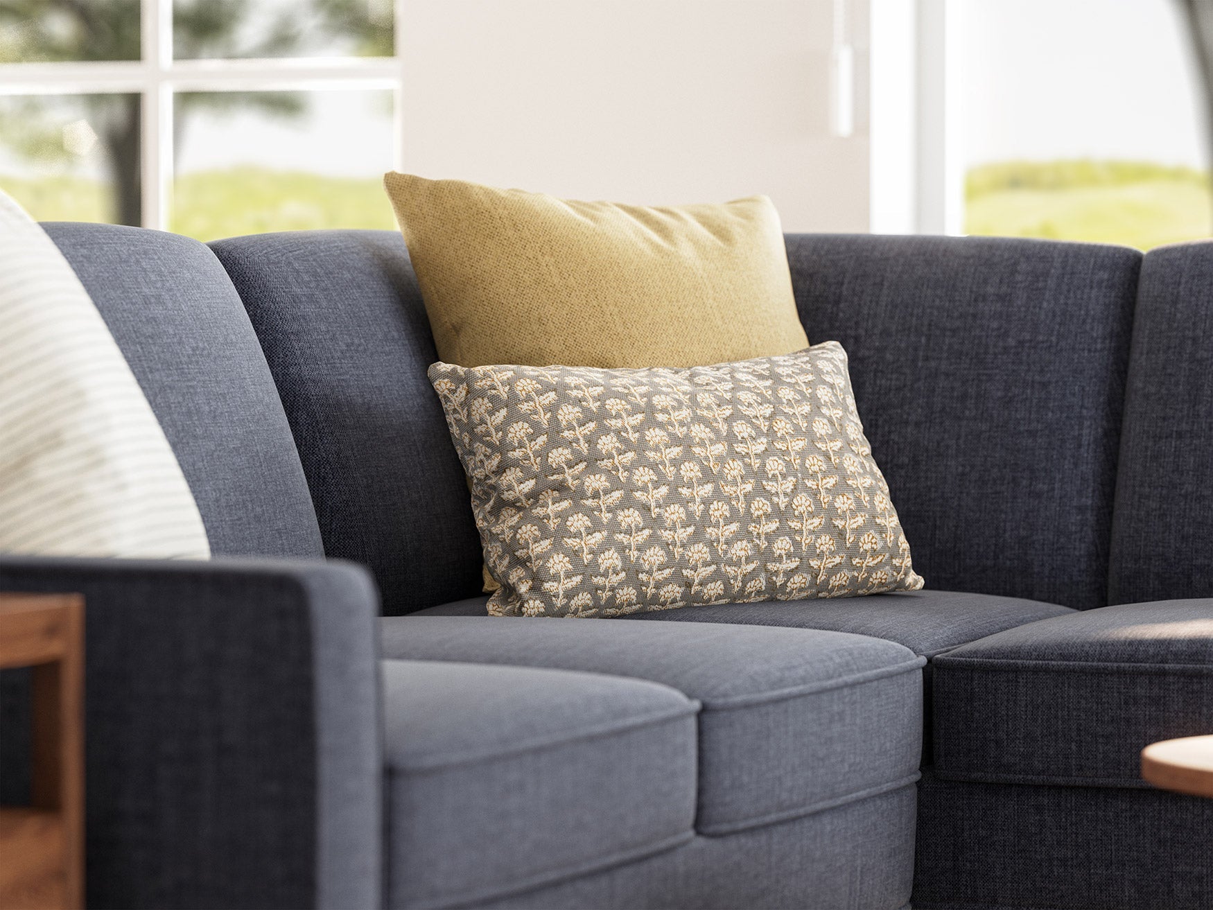 Lulu 18" x 18" Throw Pillow in Smart Wheat fabric with the Judge Throw Pillow in Phulara Grey fabric