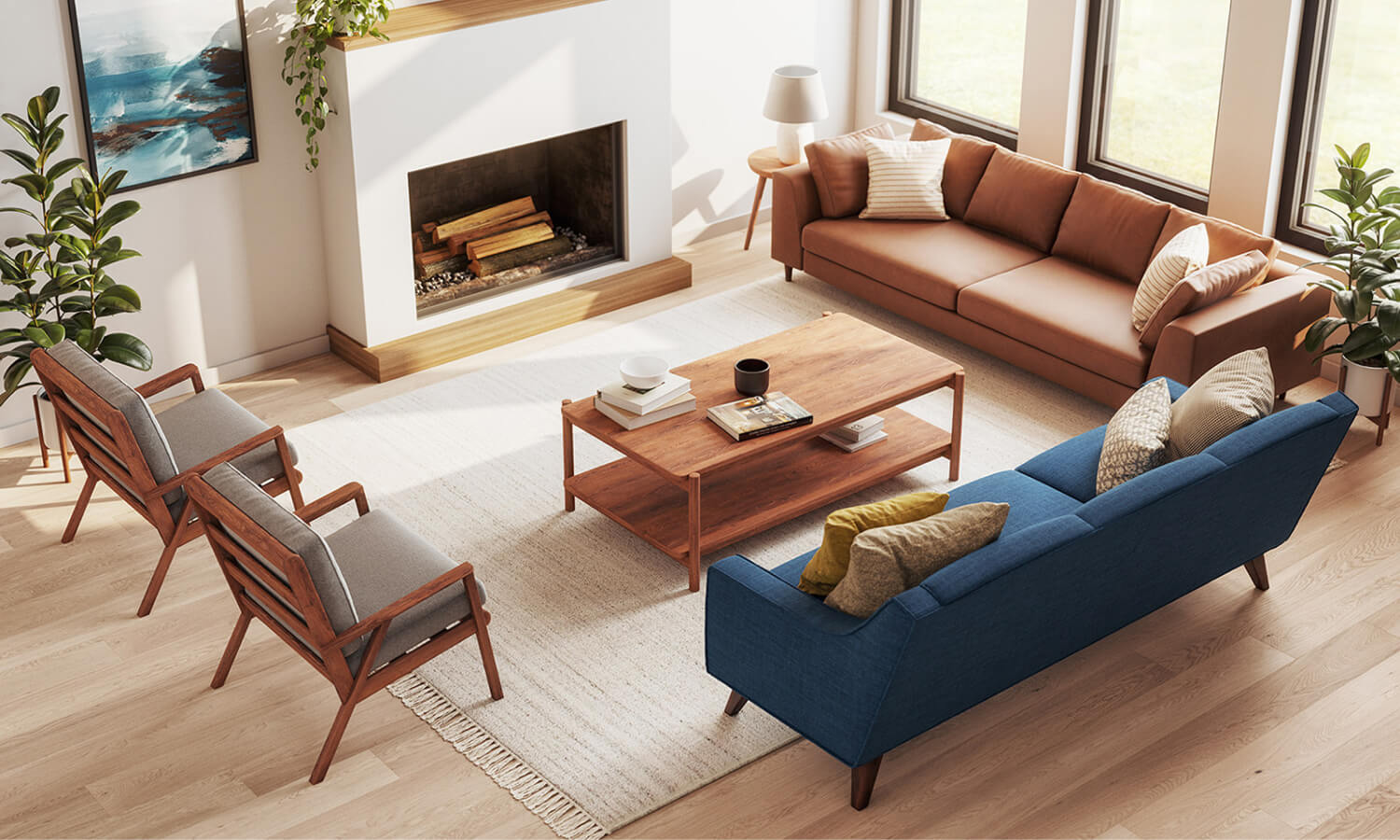 Shown in Milo Spice Leather with Iris Rectangular Coffee Table, Ridge Chairs in Melton Feather fabric, and Zavis Sofa in Melton Raven fabric