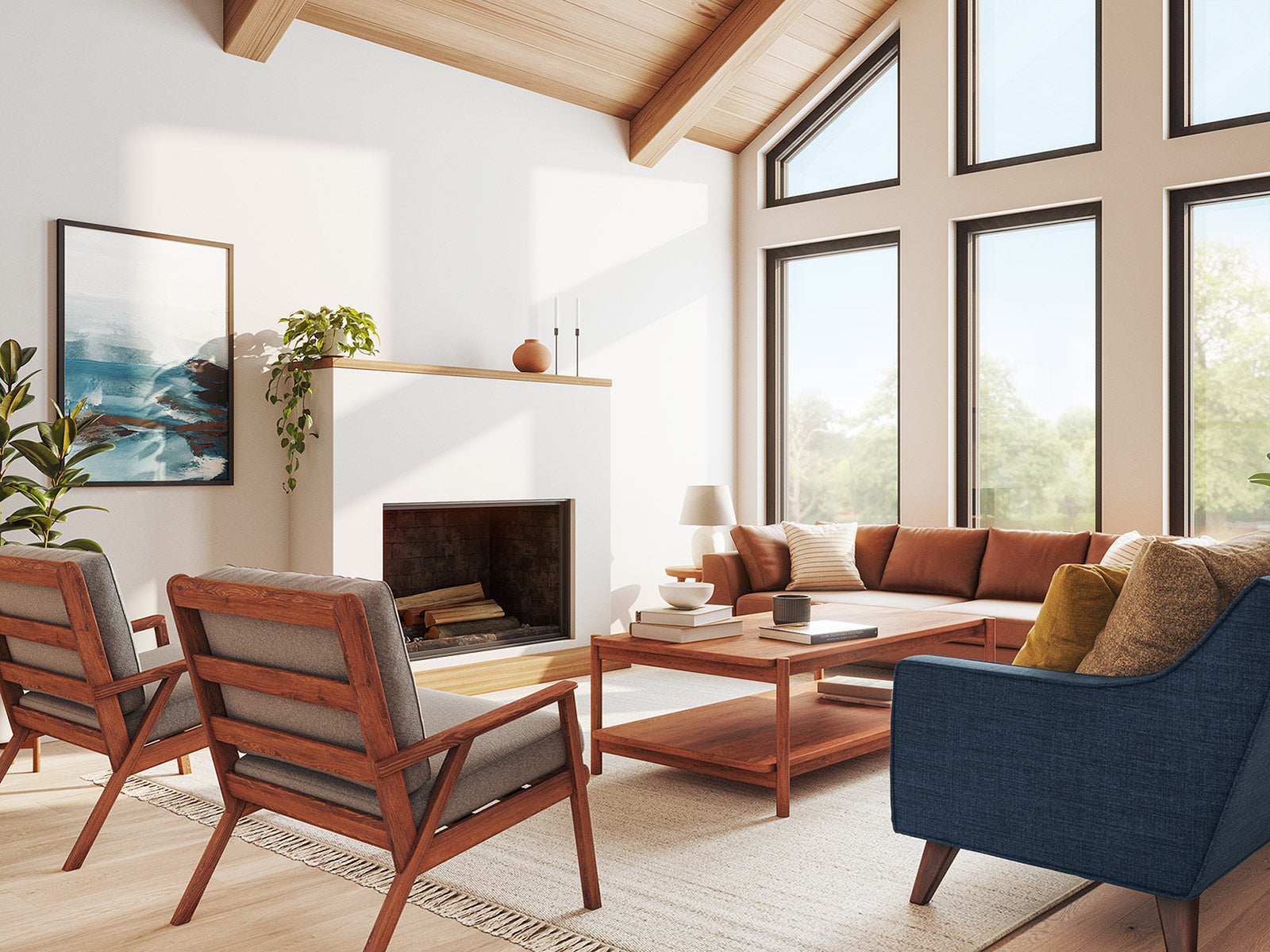 IRL: Ridge Chairs in Melton Feather fabric and Walnut frames, Zavis Sofa in Melton Raven fabric, Iris Coffee Table, and Dekayess Sofa in Sundance Marigold leather