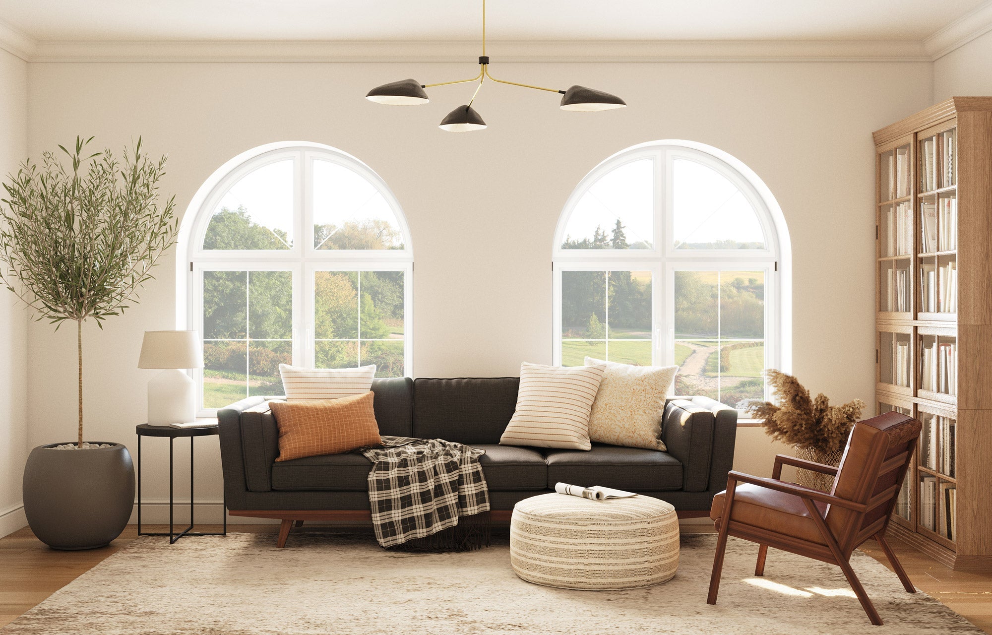 Kirnik Sofa with Judge Throw Pillow in Jodhani Fabric, and Lulu Throw Pillows in Sirisi and Bahara Fabrics