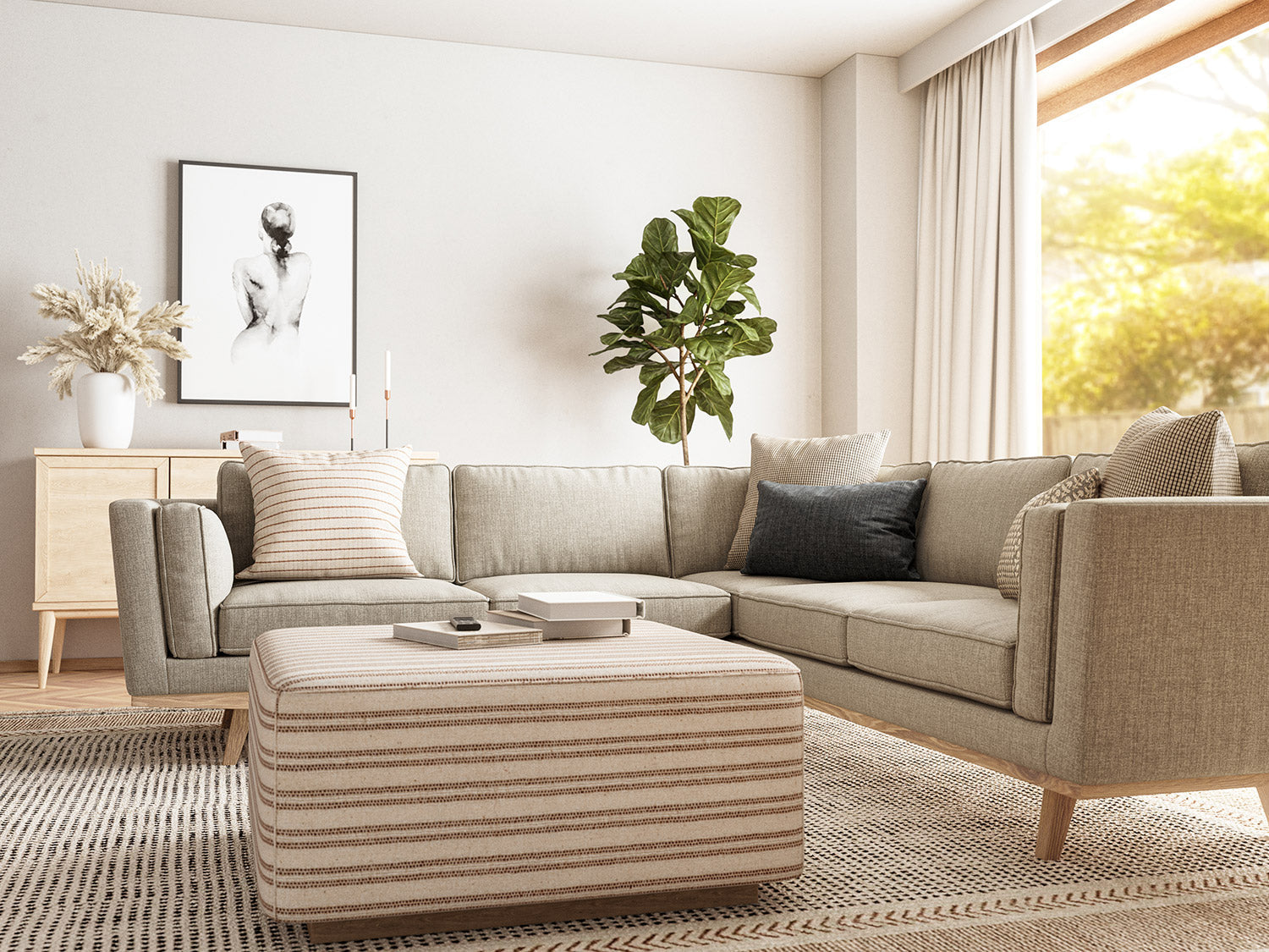 IRL: Kirnik Corner Sectional in Smart Smoke fabric, Harrison Credenza, Harlan Ottoman in Kasuri fabric, Lulu and Judge Throw Pillows