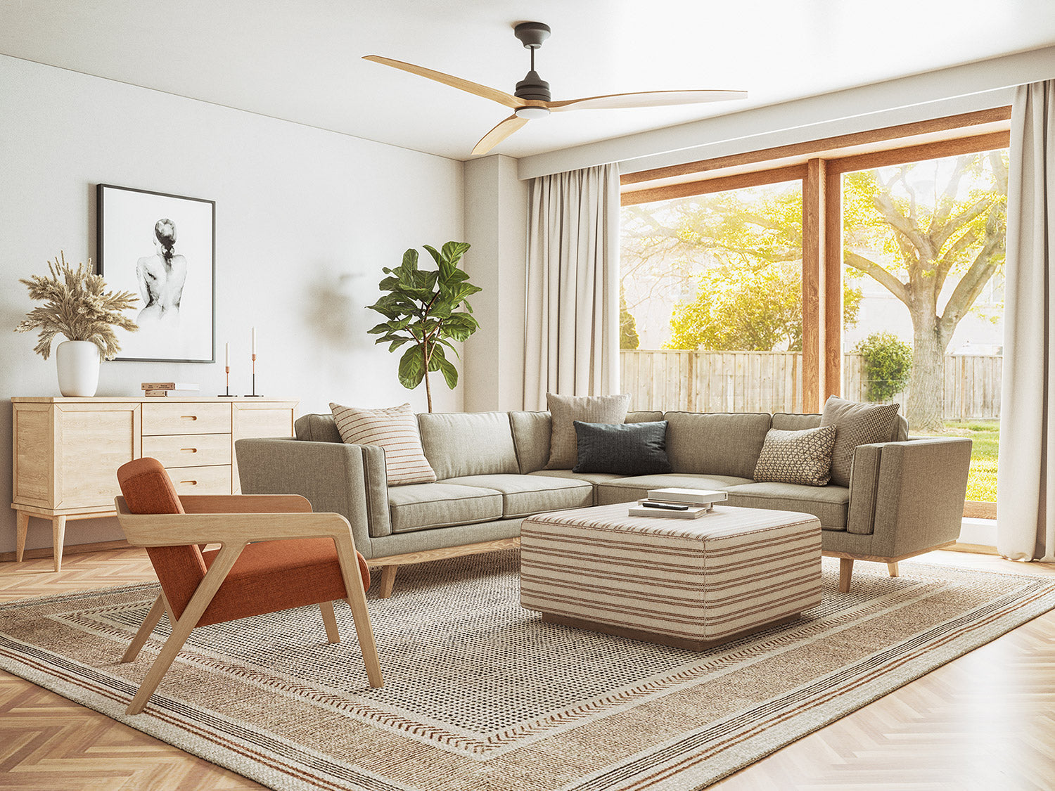 IRL: Kirnik Corner Sectional in Smart Smoke fabric, Harrison Credenza, Burr Chair in maple wood with Deluxe Wood fabric, Harlan Ottoman in Kasuri fabric, Lulu and Judge Throw Pillows