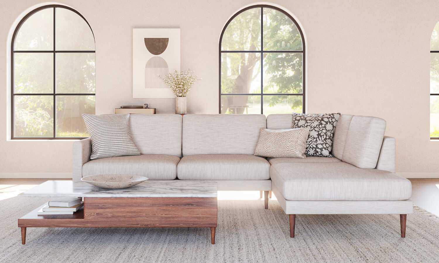 IRL: Lala Bumper 90"x110" Sectional in New Delhi Bleach fabric and Walnut Thom Leg, shown with Sino Coffee Table in Walnut