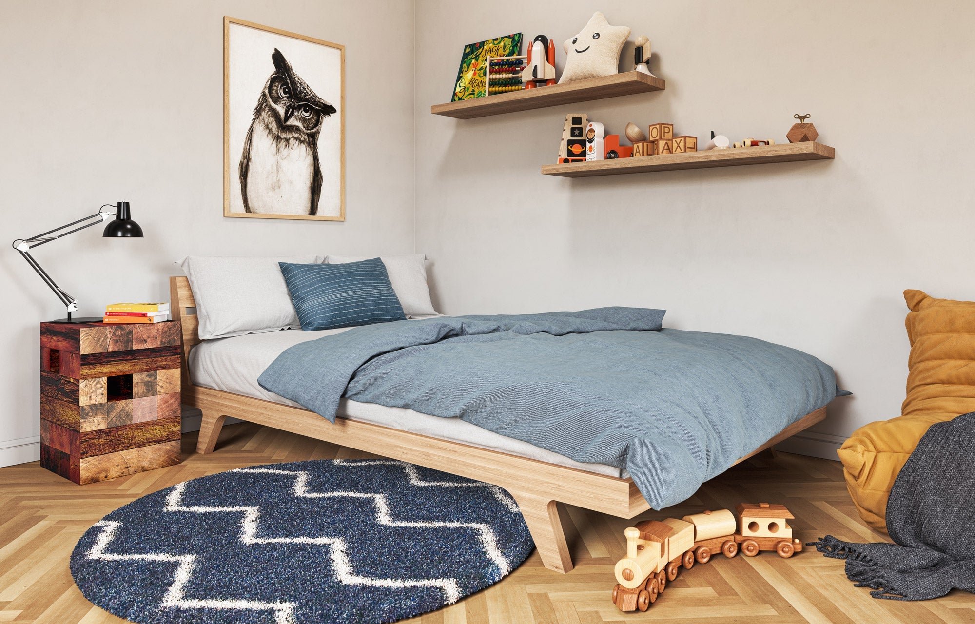 Palder Twin Bed in maple shown with the Judge Pillow in Sitali Fabric