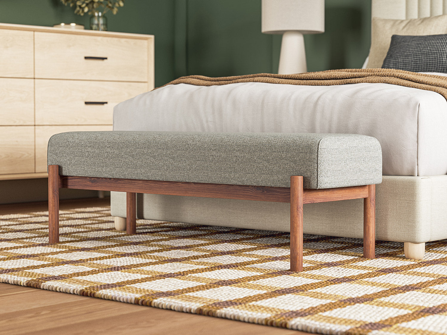 G: Shown in Melton Feather fabric in front of the Pippen Bed in Deluxe Nougat fabric